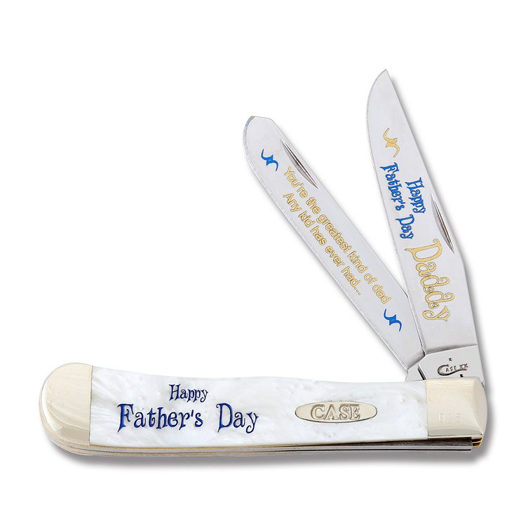 Case XX Heavenly Pearl White Corelon Happy Father's Day Daddy Trapper Folding Knife with Blue Blade Etch CAHPHFDD View 1