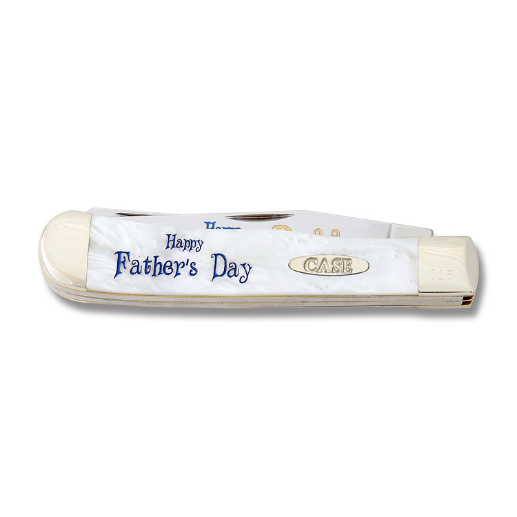 Case XX Heavenly Pearl White Corelon Happy Father's Day Daddy Trapper Folding Knife with Blue Blade Etch CAHPHFDD View 2
