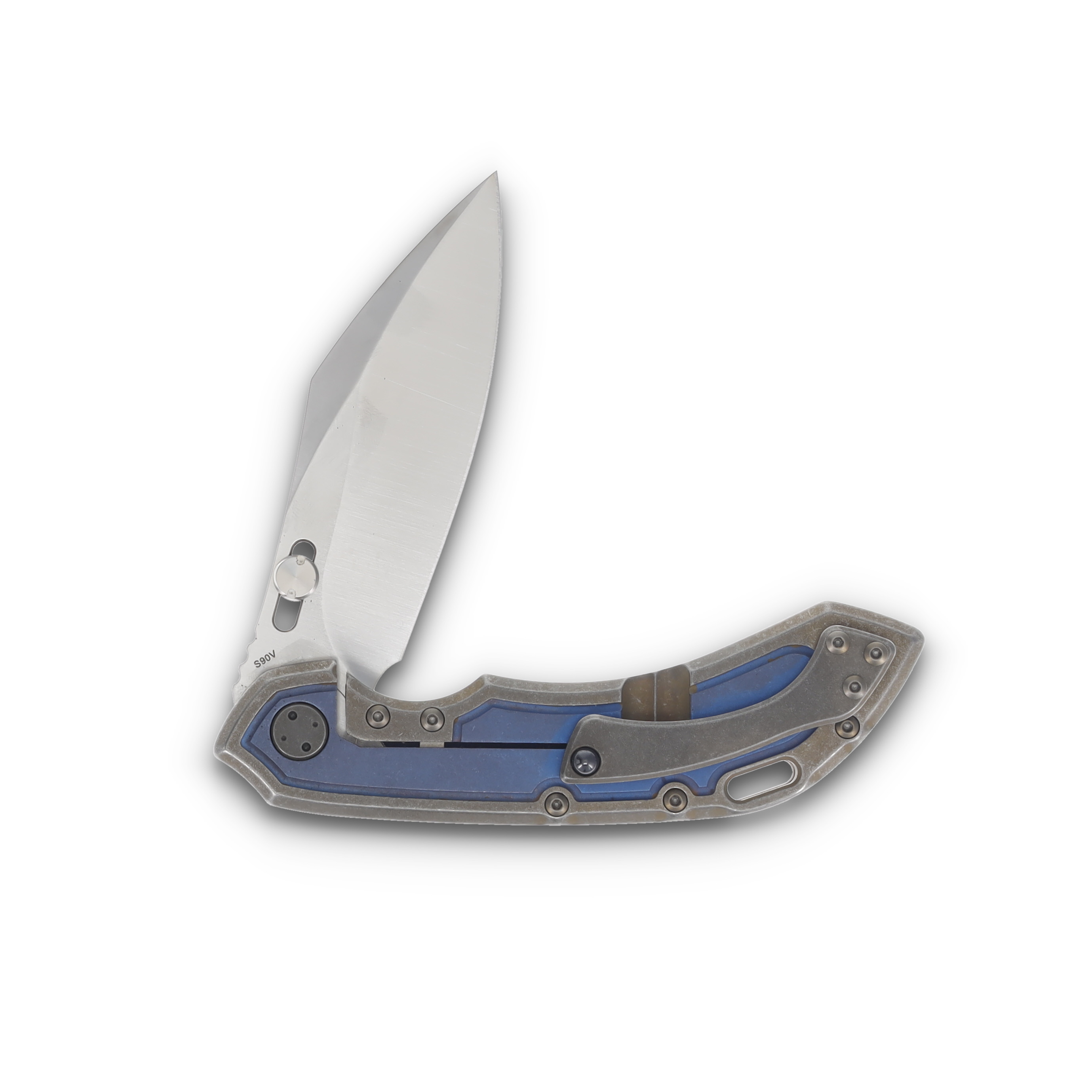Olamic Wayfarer 247 Folding Knife 180C Satin S90V Cutlass Blue/Bronze Stonewash Titanium Frame Story 180C View 4