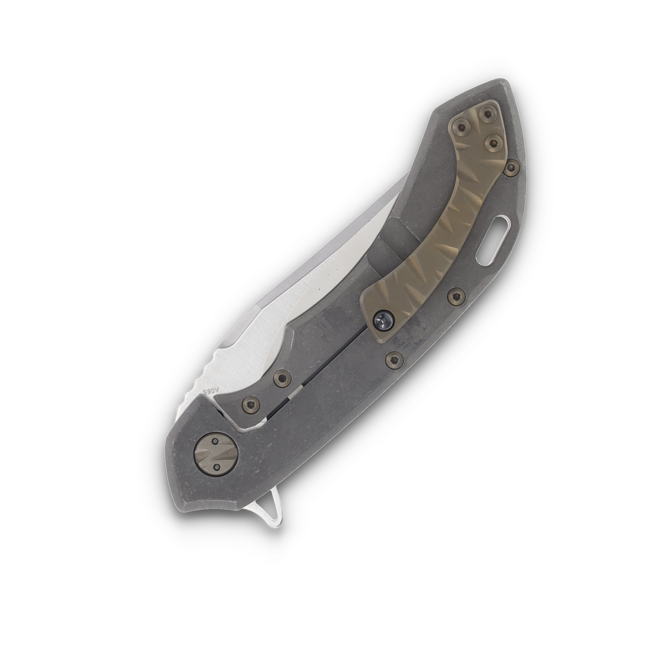 Olamic Wayfarer 247 Folding Knife 173B Satin S90V Bowie Stonewash Titanium with Filework 173B View 6