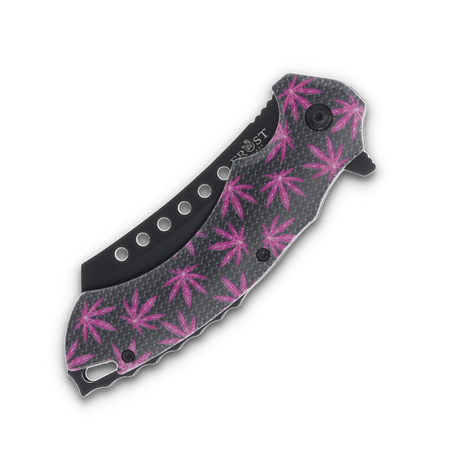 Frost Cleaver Assisted Folding Knife Black-Pink Leaves Handle Reverse Tanto Blade FRFC112B View 3