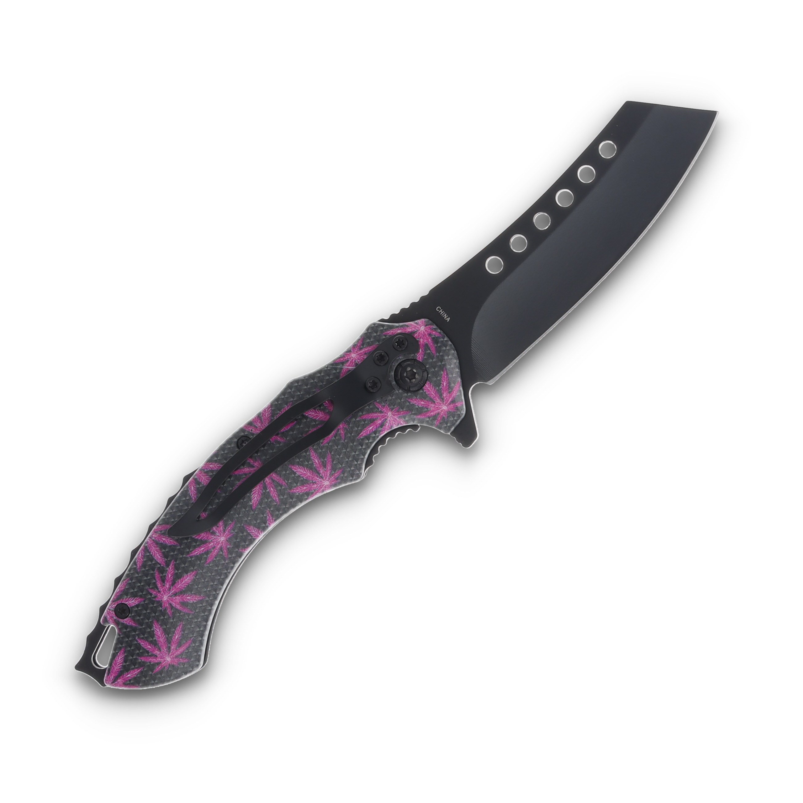 Frost Cleaver Assisted Folding Knife Black-Pink Leaves Handle Reverse Tanto Blade FRFC112B View 2