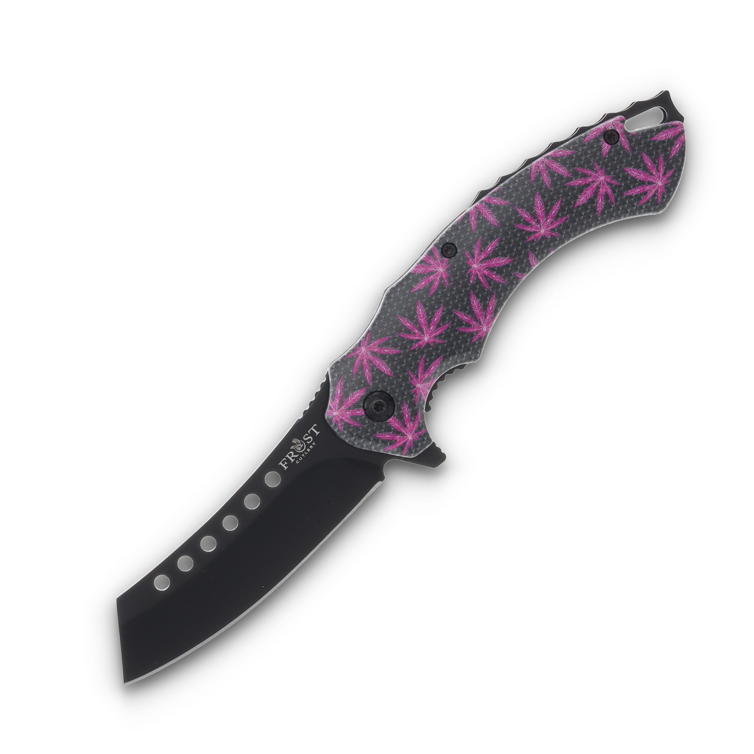 Frost Cleaver Assisted Folding Knife Black-Pink Leaves Handle Reverse Tanto Blade FRFC112B View 1