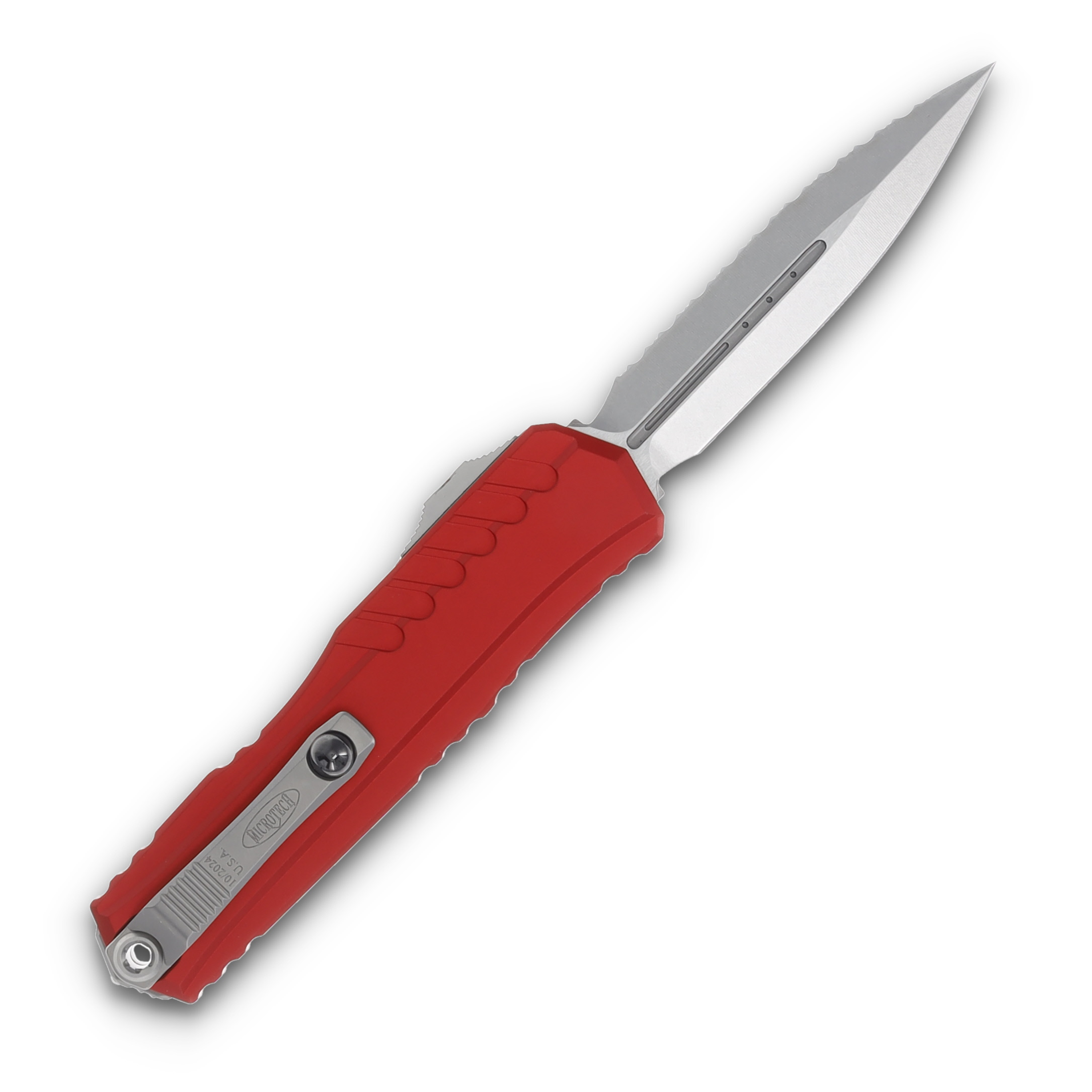 Microtech Cypher II D/E Stonewash Full Serrated Red Aluminum AUMT124212RD View 2