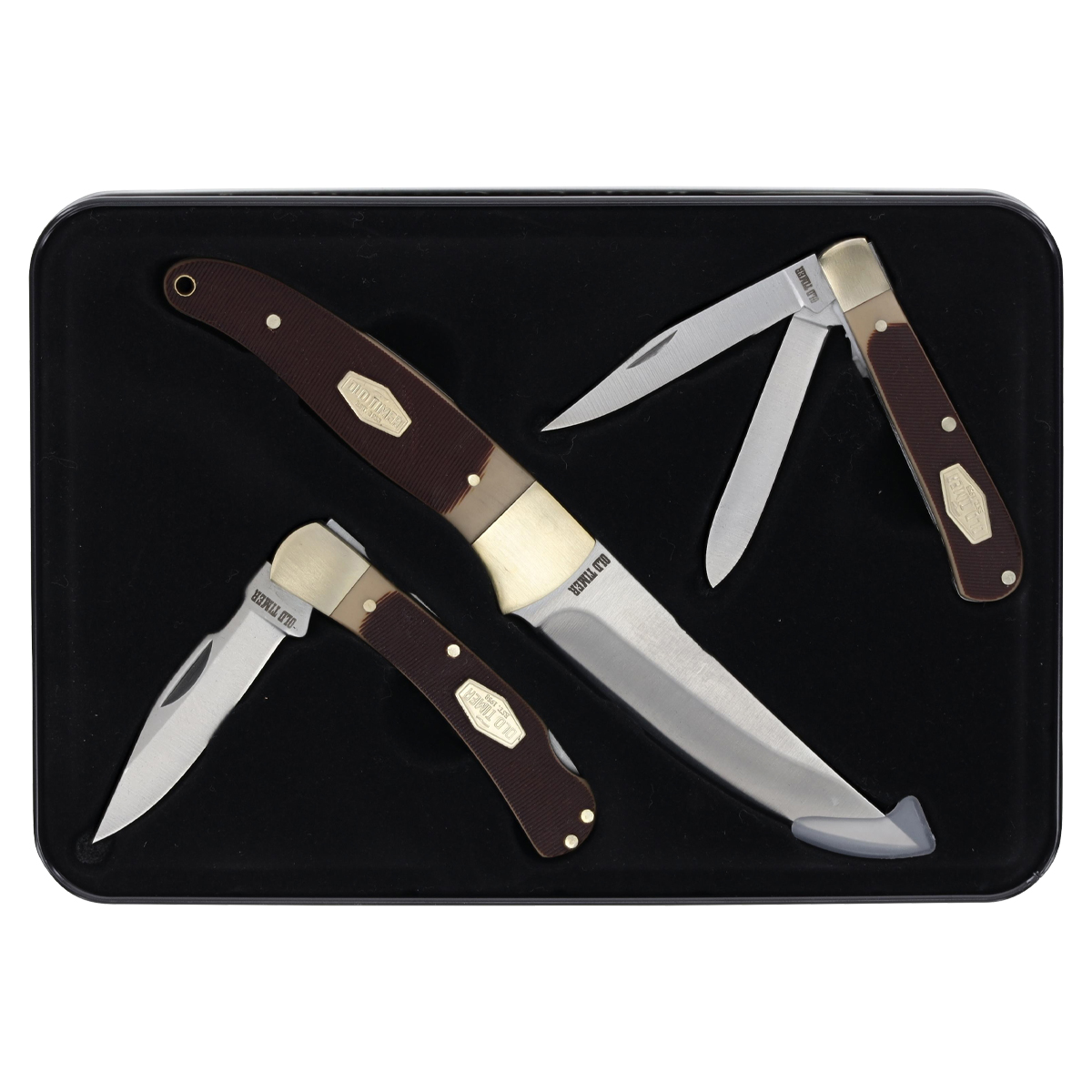Old Timer 3 Pc Set Fixed- Lockback and Folder Brown Polymer Sawcut Handle Combo 1227061 View 8