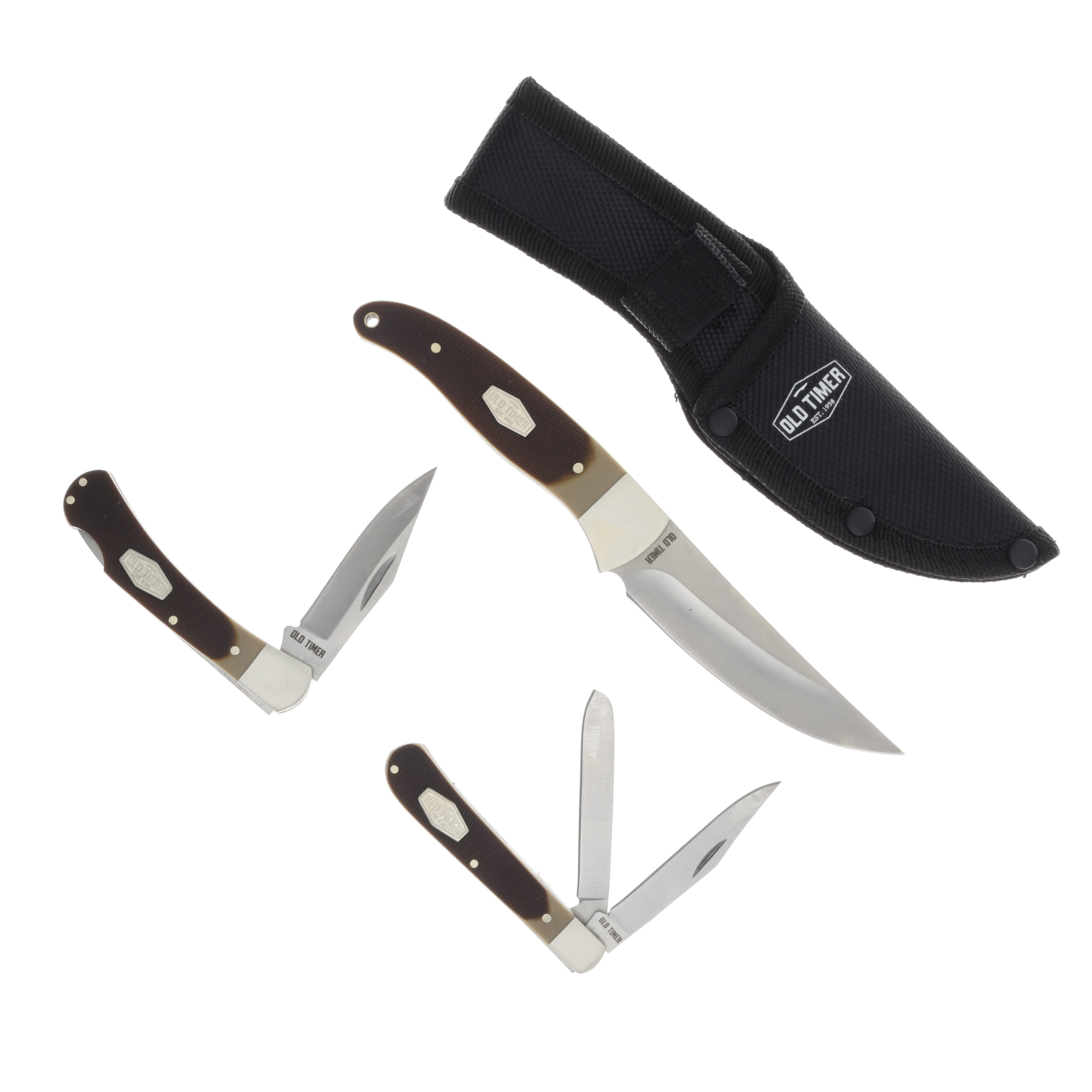 Old Timer 3 Pc Set Fixed- Lockback and Folder Brown Polymer Sawcut Handle Combo 1227061 View 2