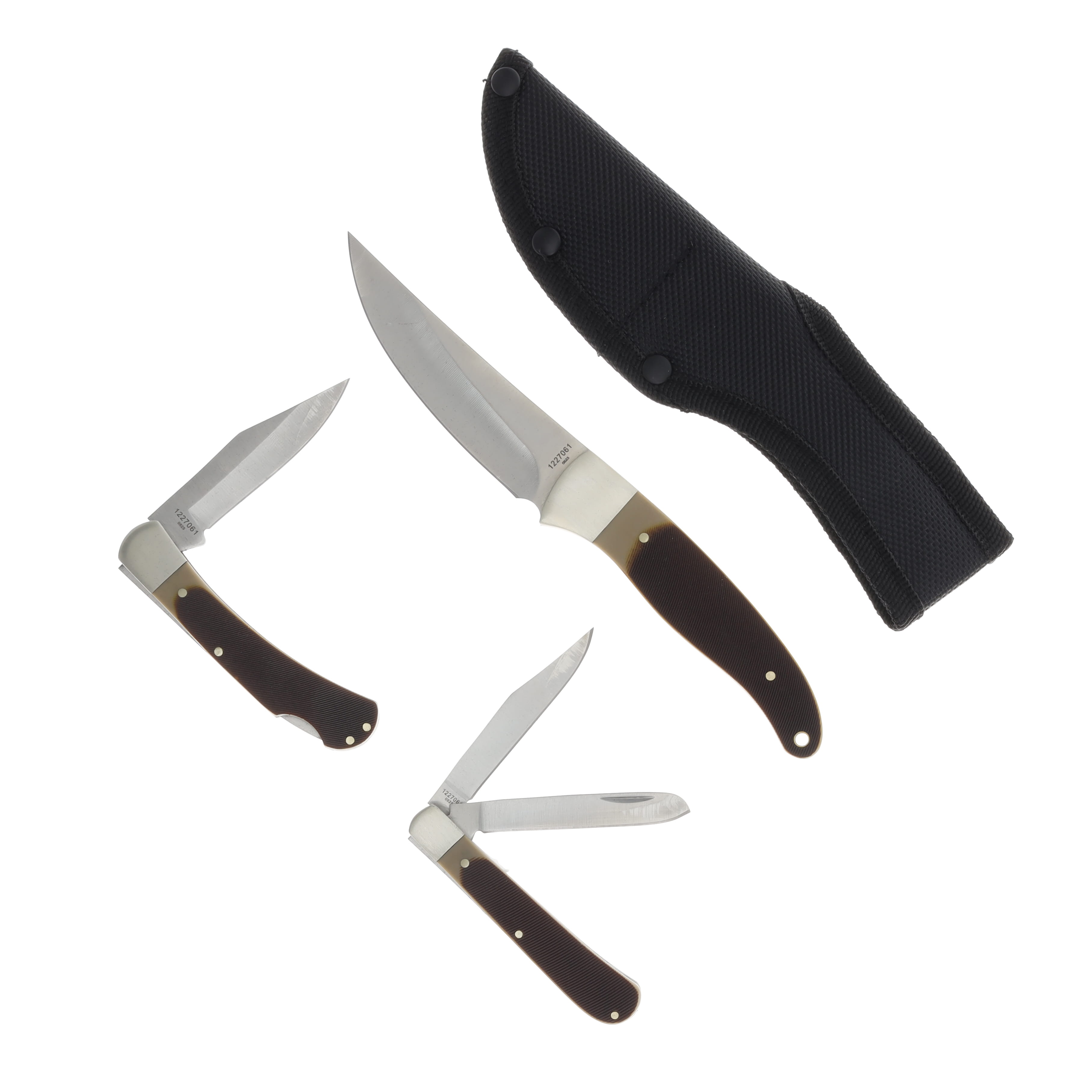 Old Timer 3 Pc Set Fixed- Lockback and Folder Brown Polymer Sawcut Handle Combo 1227061 View 3