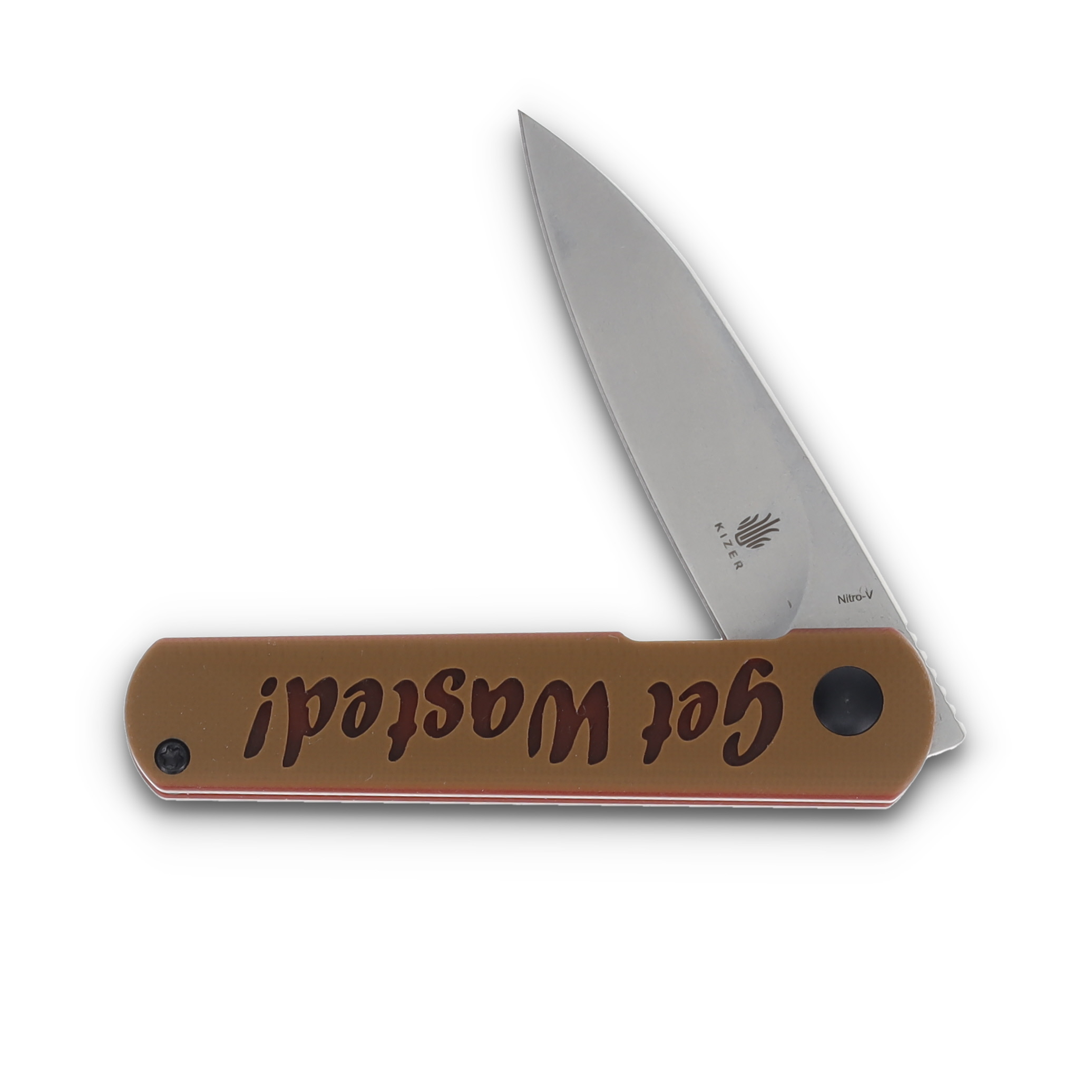 Kizer Vault Feist “Get Wasted!” Brown G-10 2.88” Drop Point SMKW Exclusive V3499EGW View 3