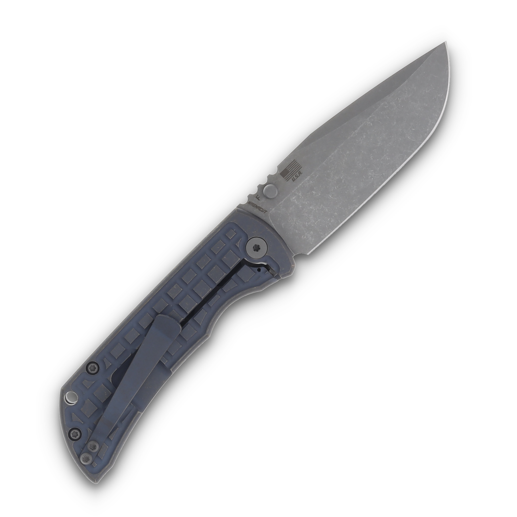 McNee's MAC2 3.5  Folding Knife Frag Patterned Atomic Blue/Bronze Titanium MAC235FGABLBZ View 2