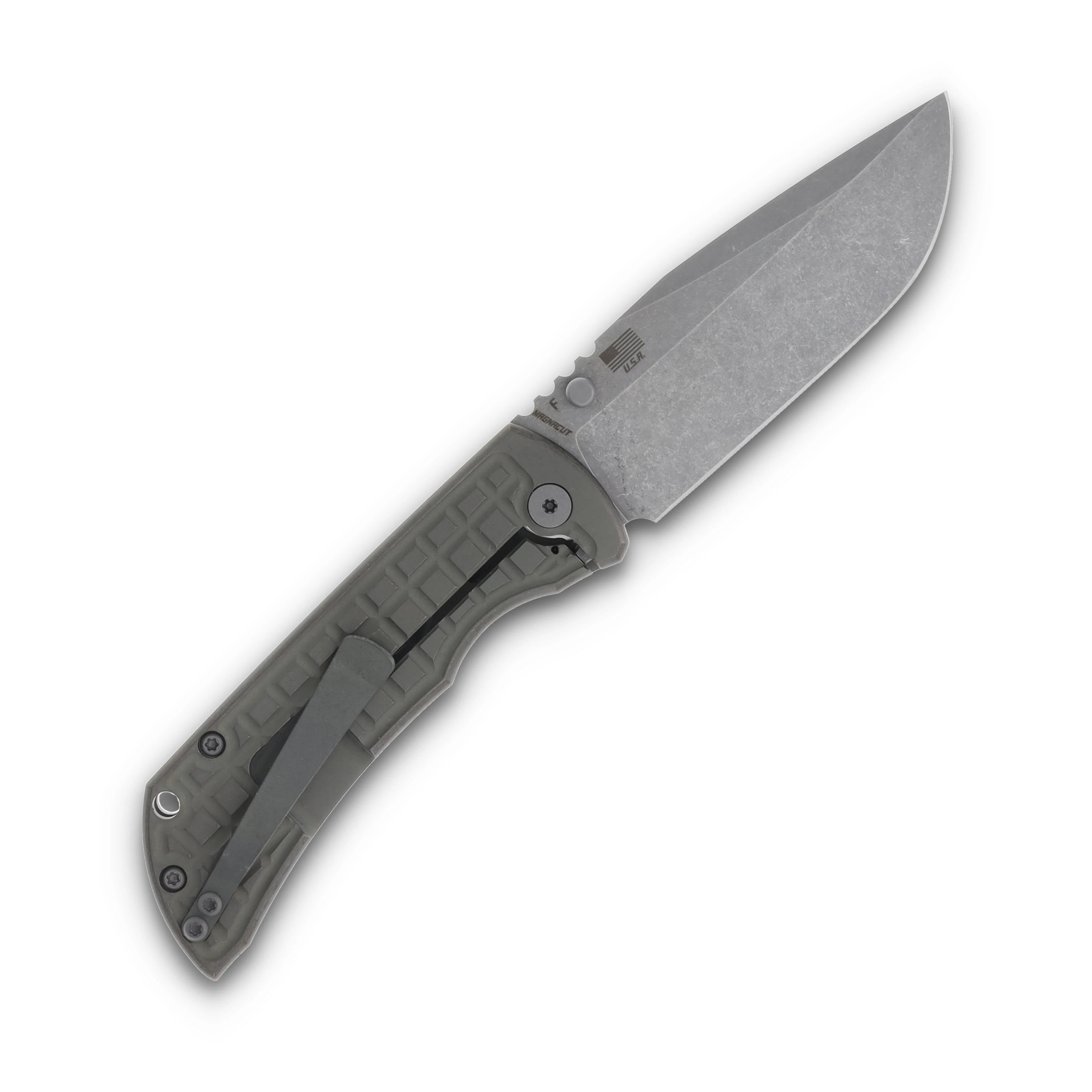 McNee's MAC2 3.5  Folding Knife Frag Patterned Atomic Green/Bronze Titanium MAC235FGAGNBZ View 2