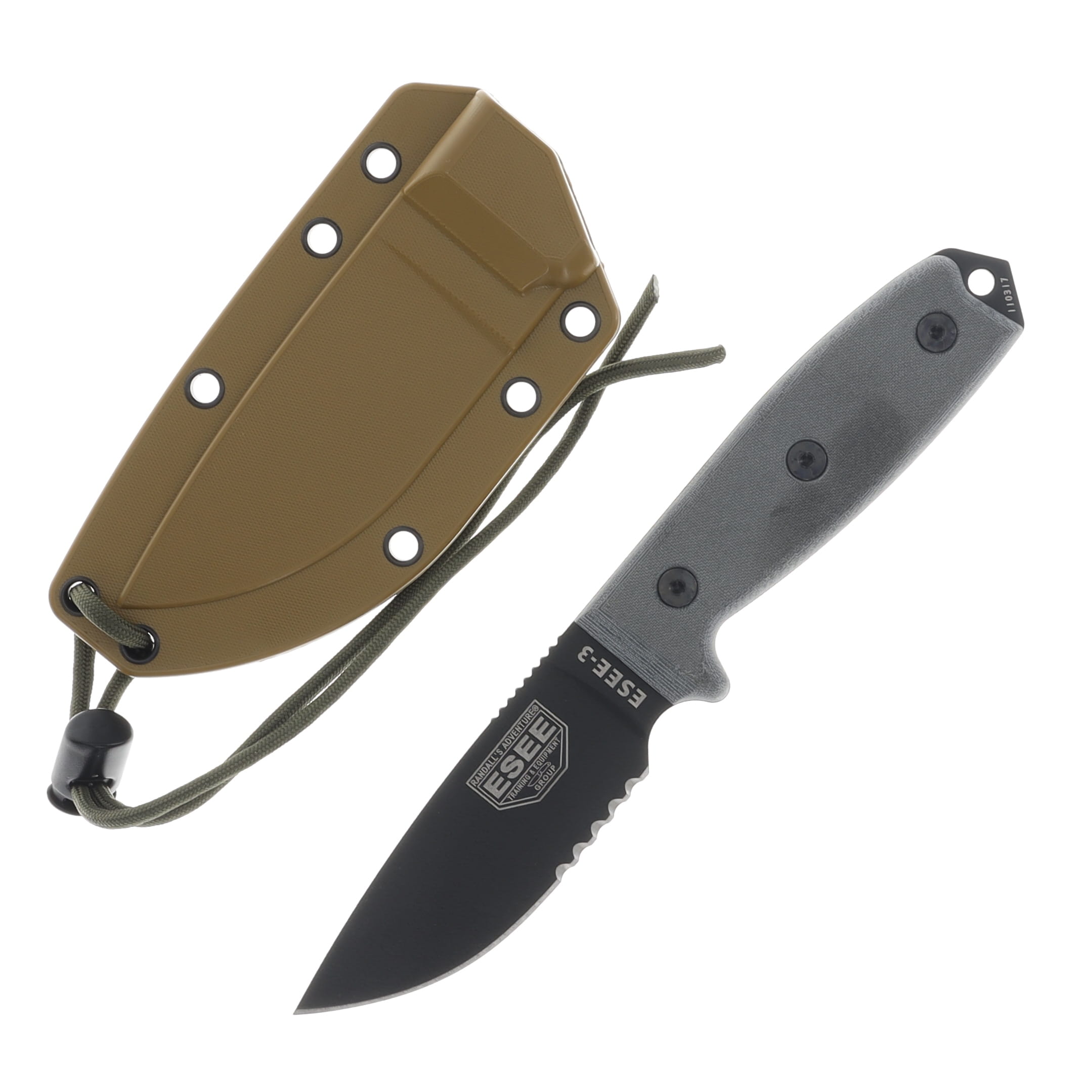 ESEE 3 3.88Inch Black Serrated Blade Coyote Tan Molle Back Sheath ESEE3SMB View 1