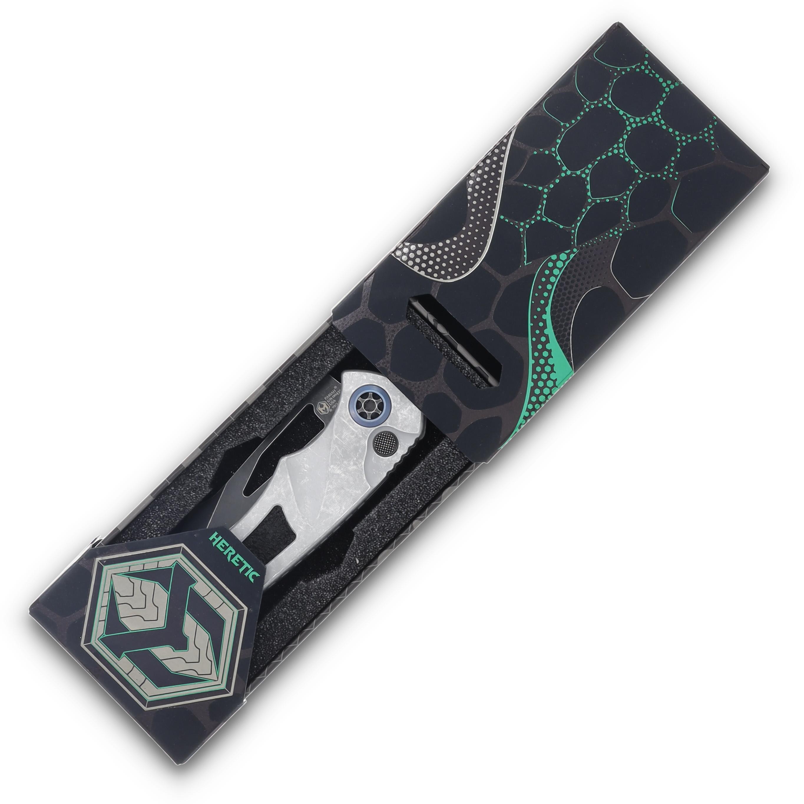 Heretic Pariah Manual Button Lock Folding Knife Battle Black/Blizzard Worn Chassis H046-8A-BLZ View 9