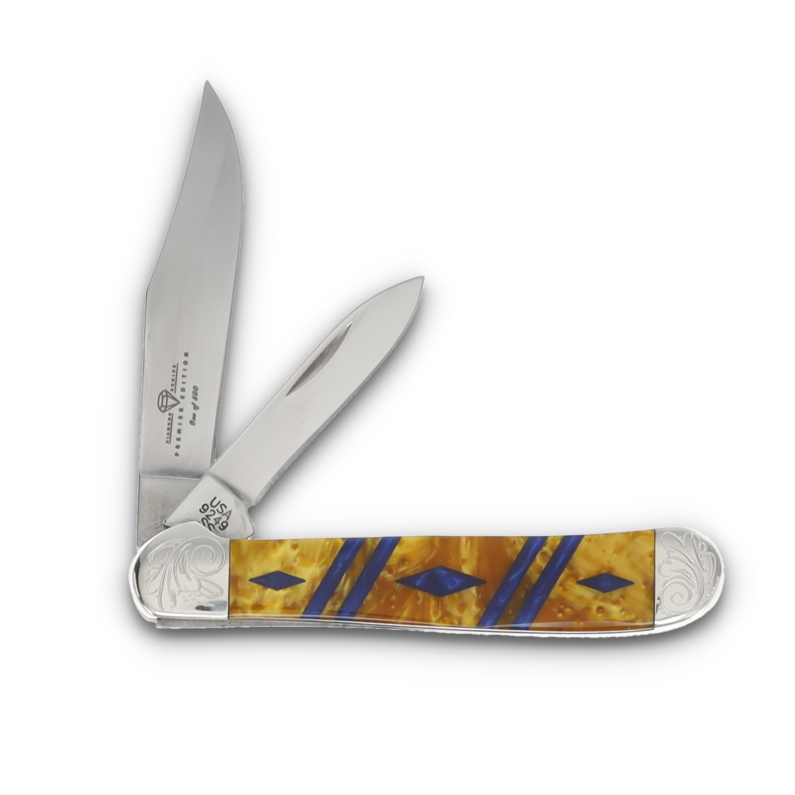 Case XX Gold with Blue Triangle/Engraved Bolster Trapper Folding Knife CA9249GDBLDE View 2