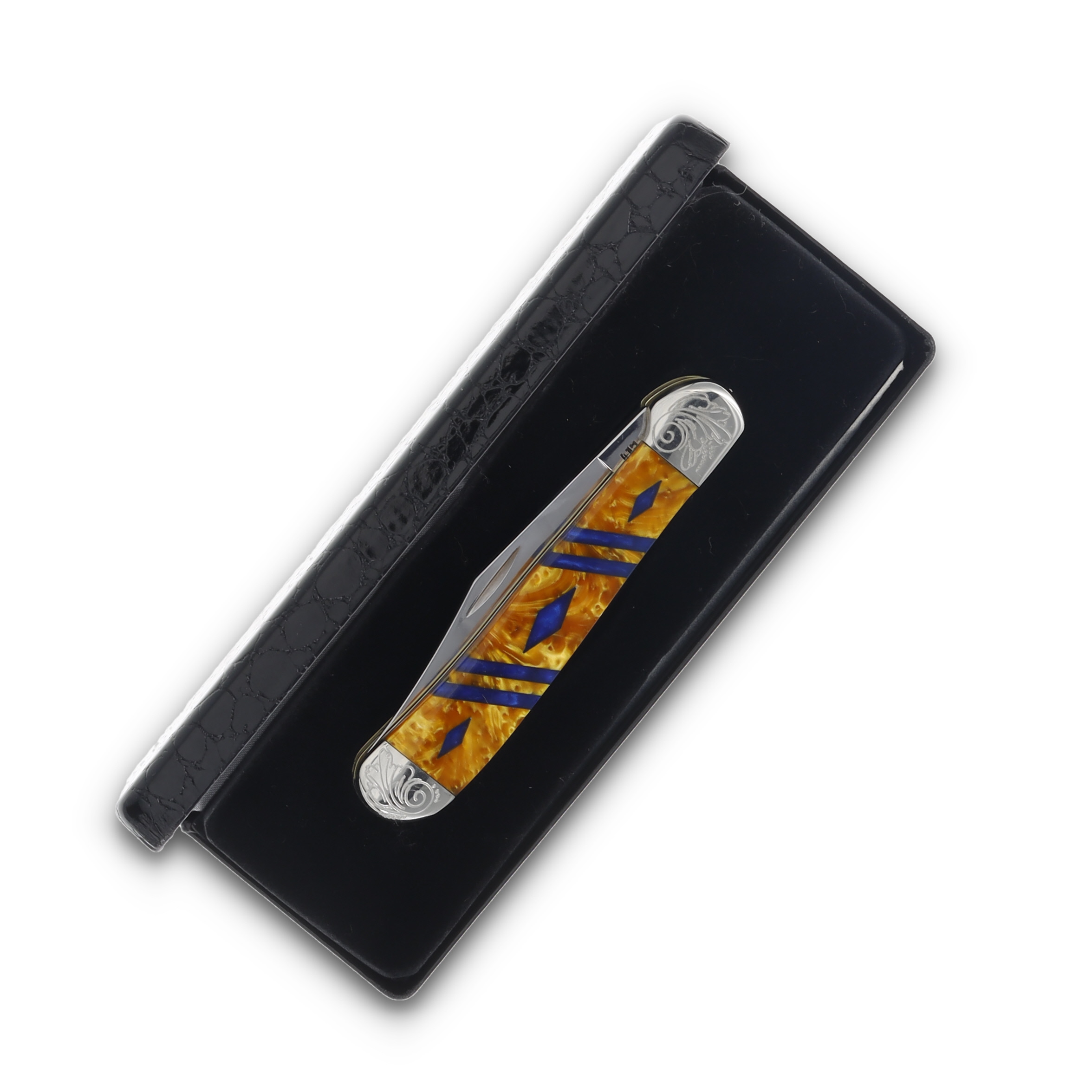 Case XX Gold with Blue Triangle/Engraved Bolster Trapper Folding Knife CA9249GDBLDE View 7