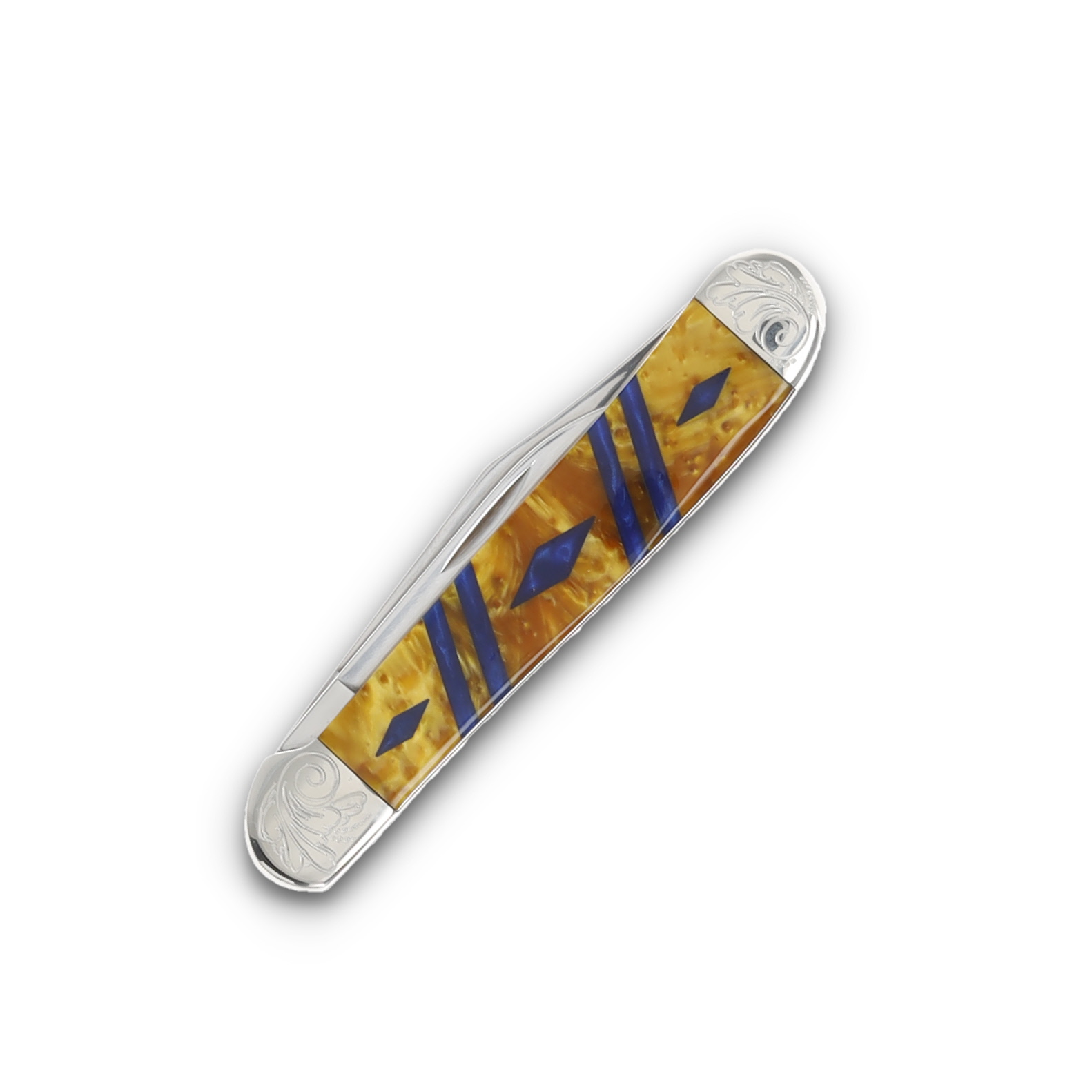 Case XX Gold with Blue Triangle/Engraved Bolster Trapper Folding Knife CA9249GDBLDE View 4