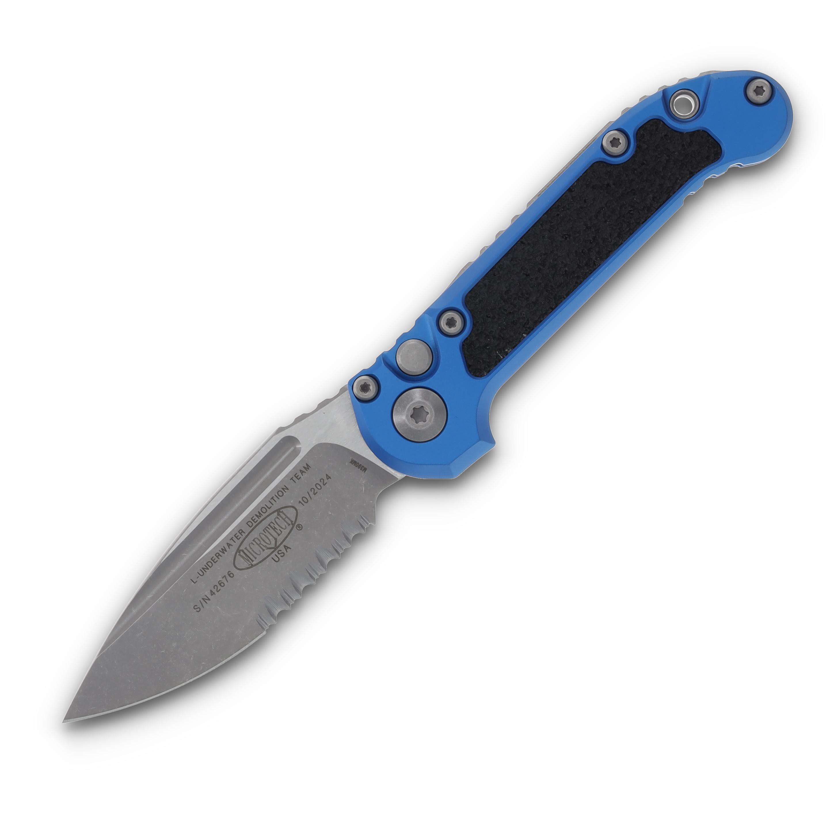 Microtech LUDT Automatic Knife Half Serrated Apocalyptic Drop Point/Blue AUMT113511APBL View 1
