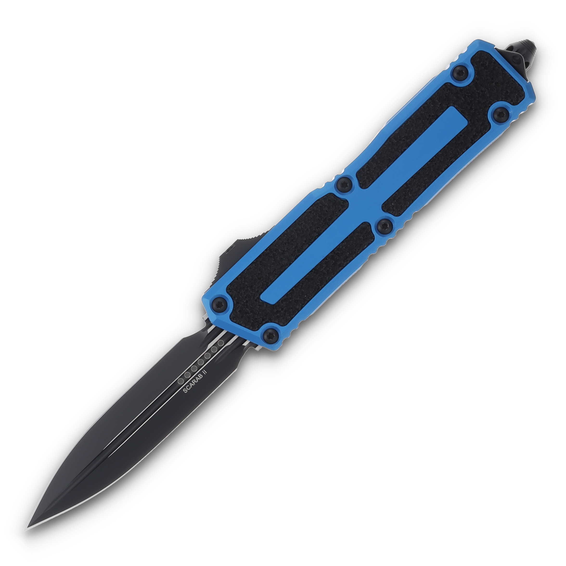 Microtech Scarab II Gen III OTF Blue Auto Knife 3.9in Black DE Dagger Blade AUMT12801BL View 1