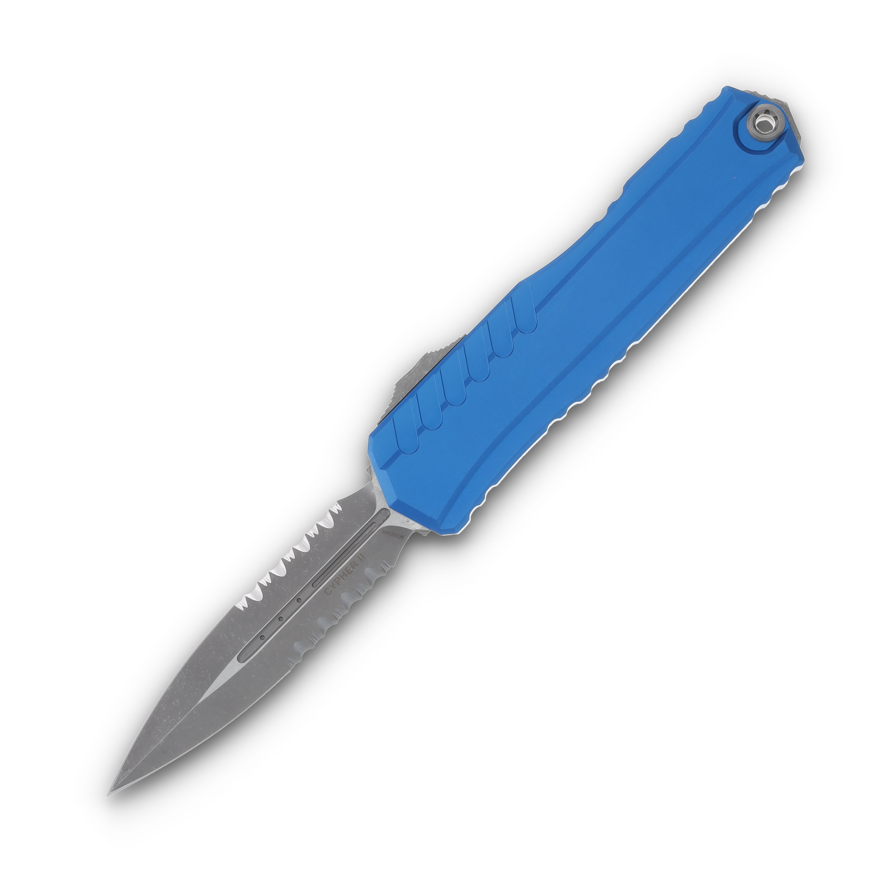 Microtech Cypher II OTF Double Edge Auto Knife Blue 3.5in PS Apocalyptic Blade AUMT124211APBL View 1