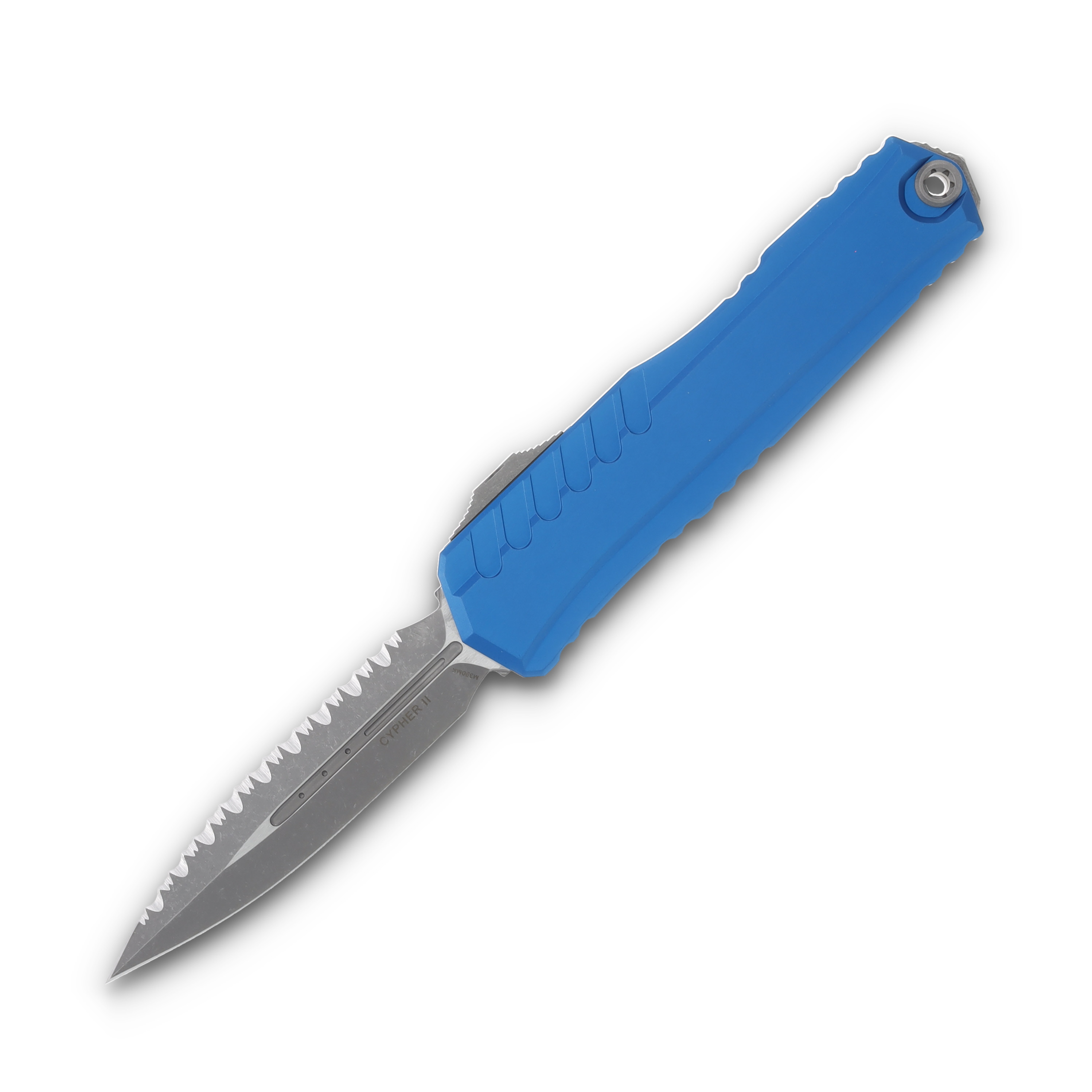 Microtech Cypher D/E Apocalyptic Full Serrated Blue AUMT124212APBL View 1