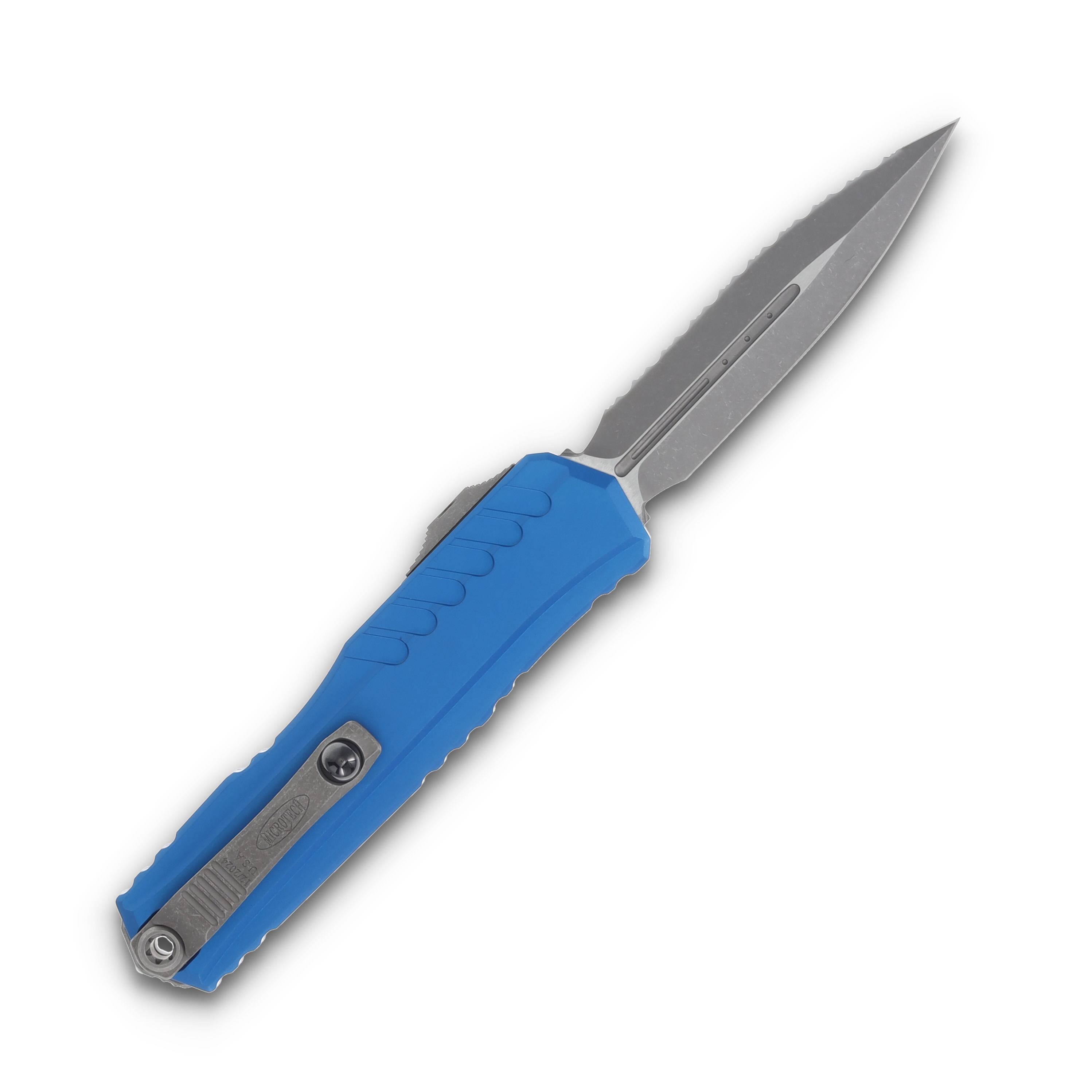 Microtech Cypher D/E Apocalyptic Full Serrated Blue AUMT124212APBL View 2