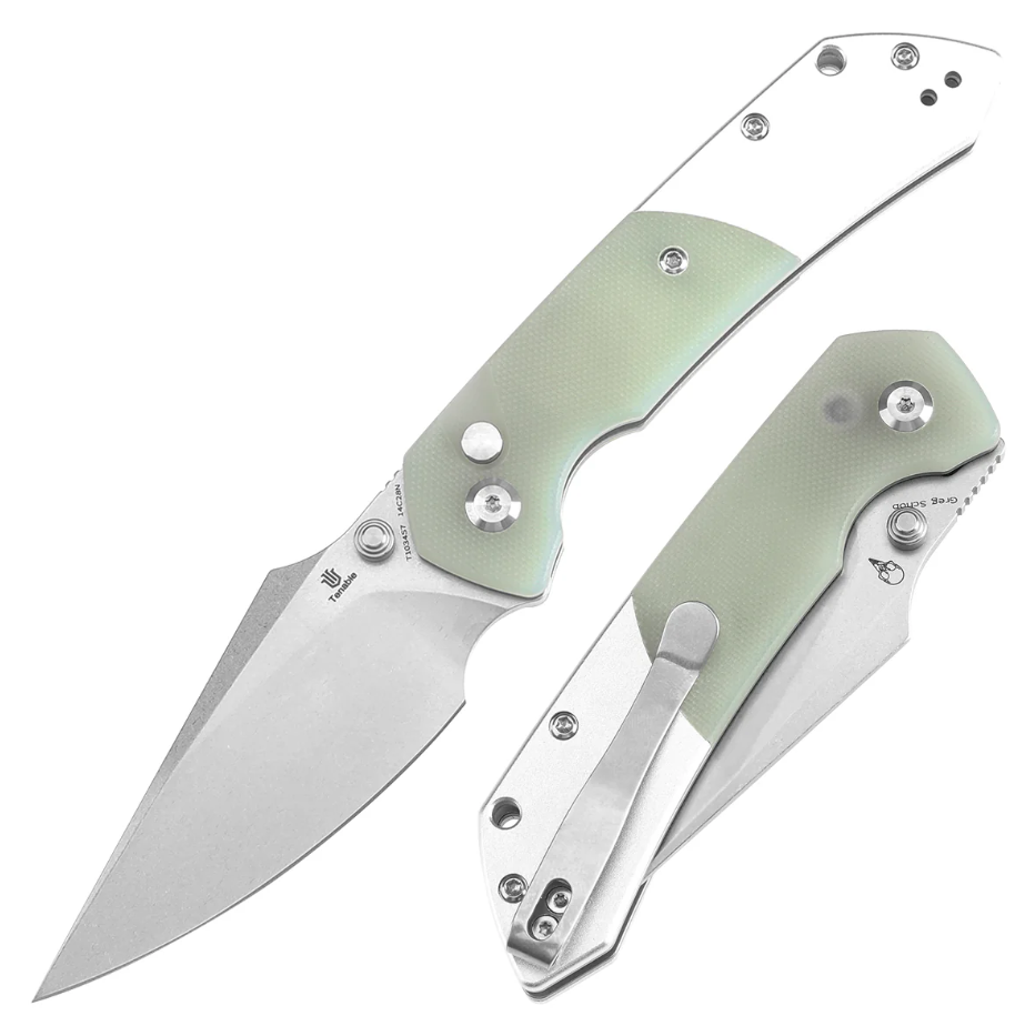 Tenable Fenrir Button Lock Folding Knife Stonewash 14C28N/Aluminum & Jade G-10 T1034S7 View 1