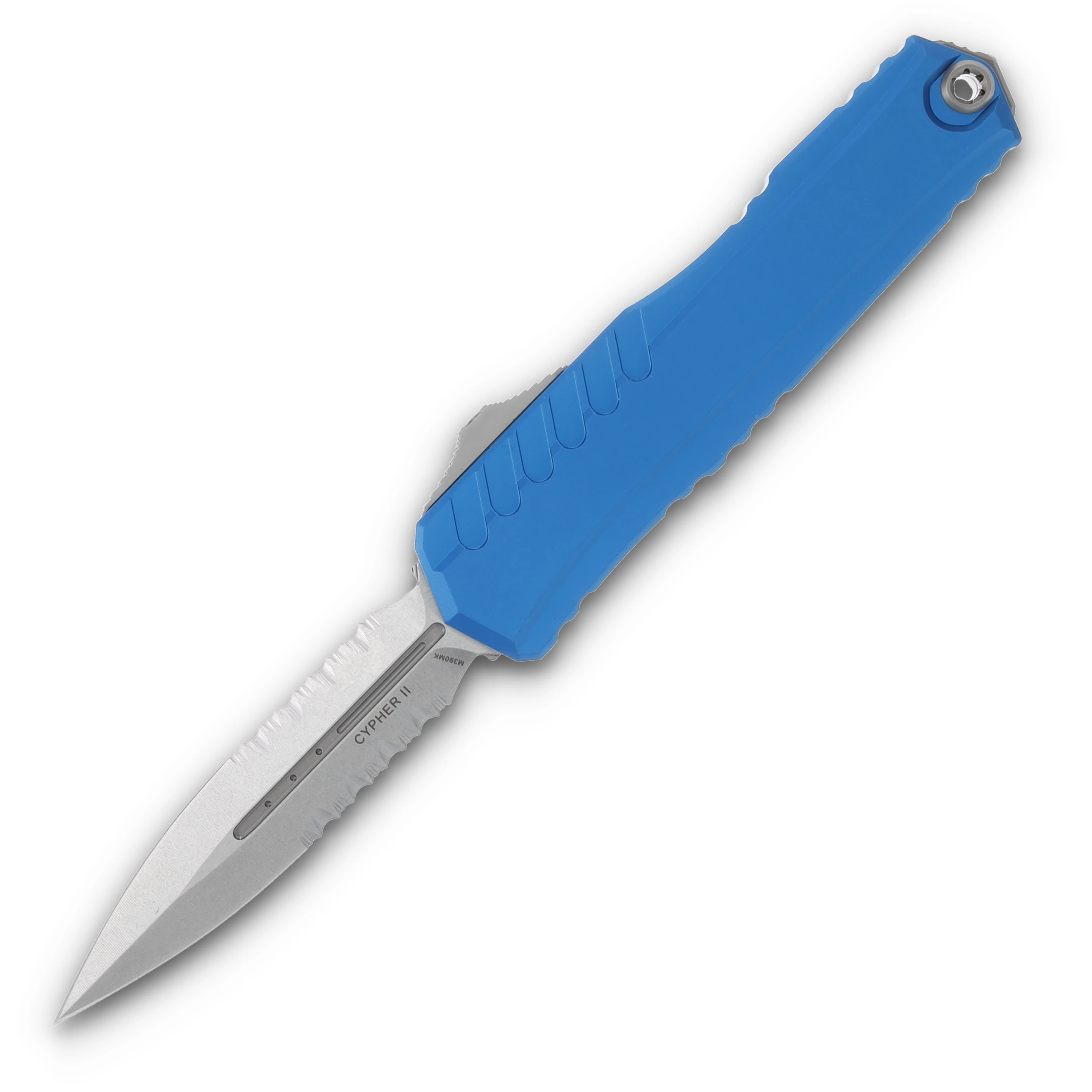 Microtech Cypher II OTF Automatic Knife Half Serrated Stonewash Dagger/Blue AUMT124211BL View 1