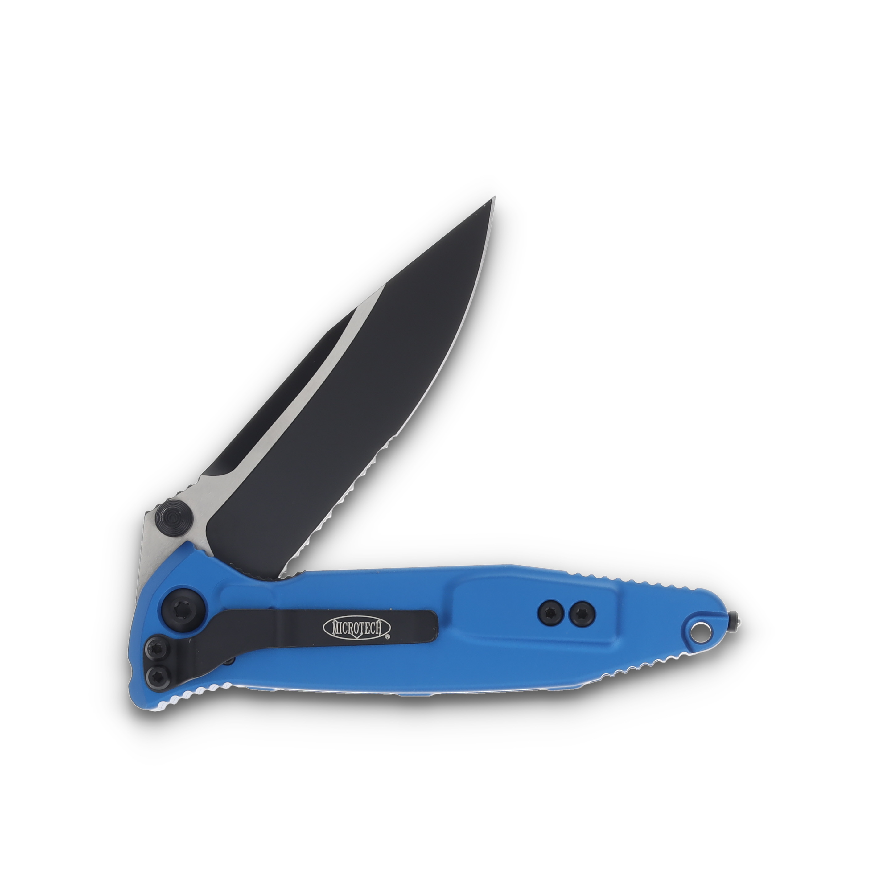 Microtech Socom Elite Folding Knife Blue 4.0in Black Part Serr Clip Point MT1602BL View 3