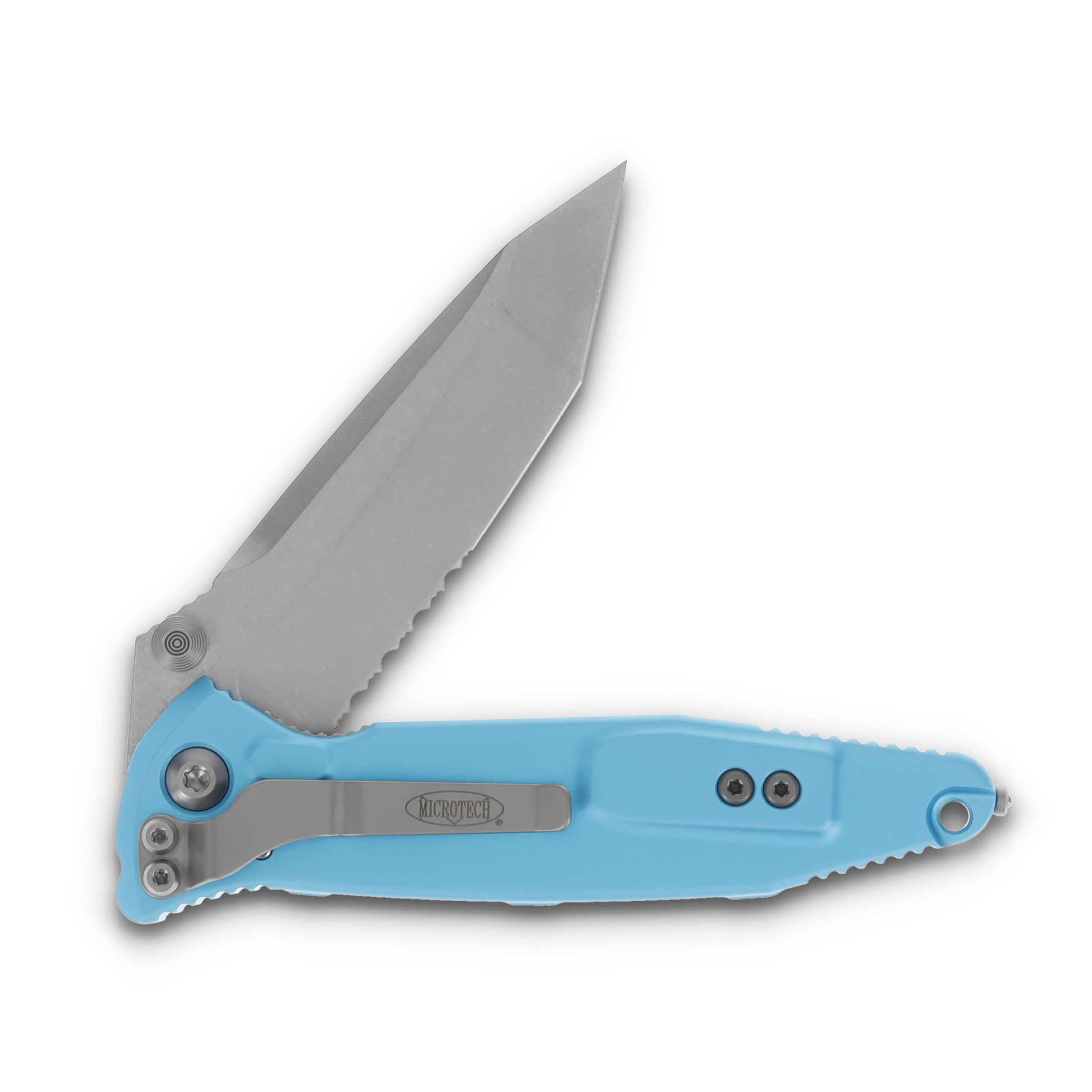 Microtech Socom Elite Folding Knife Turquoise 4.0in SW Part Serr Clip Point MT16111TQ View 4