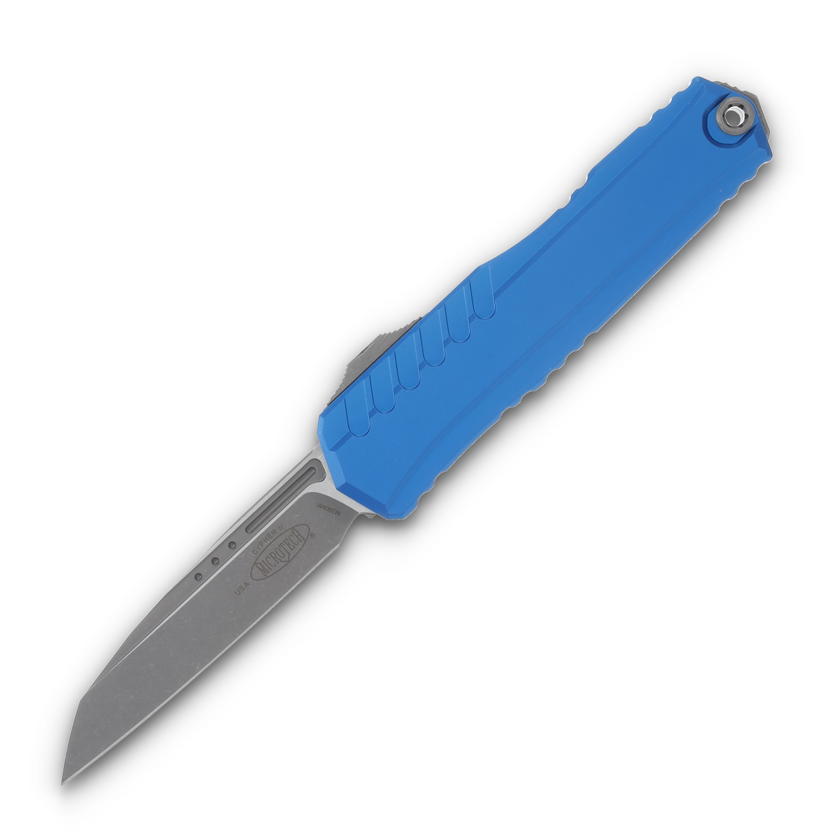 Microtech Cypher II Blue Aluminum OTF Auto 3.5in Apocalyptic Wharncliffe Blade AUMT124110APBL View 1