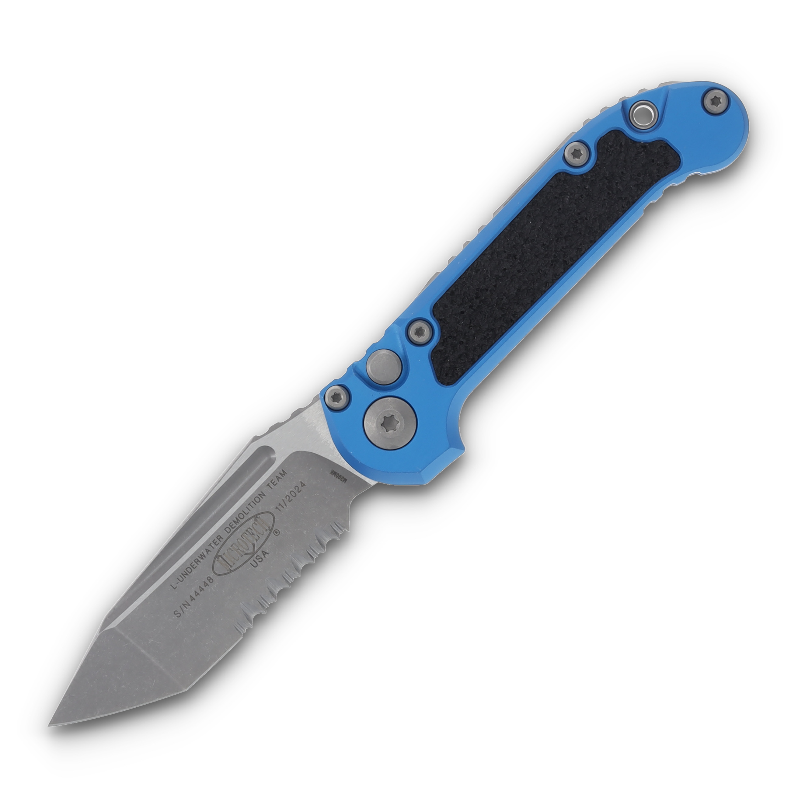 Microtech LUDT Gen III AUTO Blue Folding Knife 3.5in Apocalyptic Tanto Part Serr AUMT113611APBL View 1