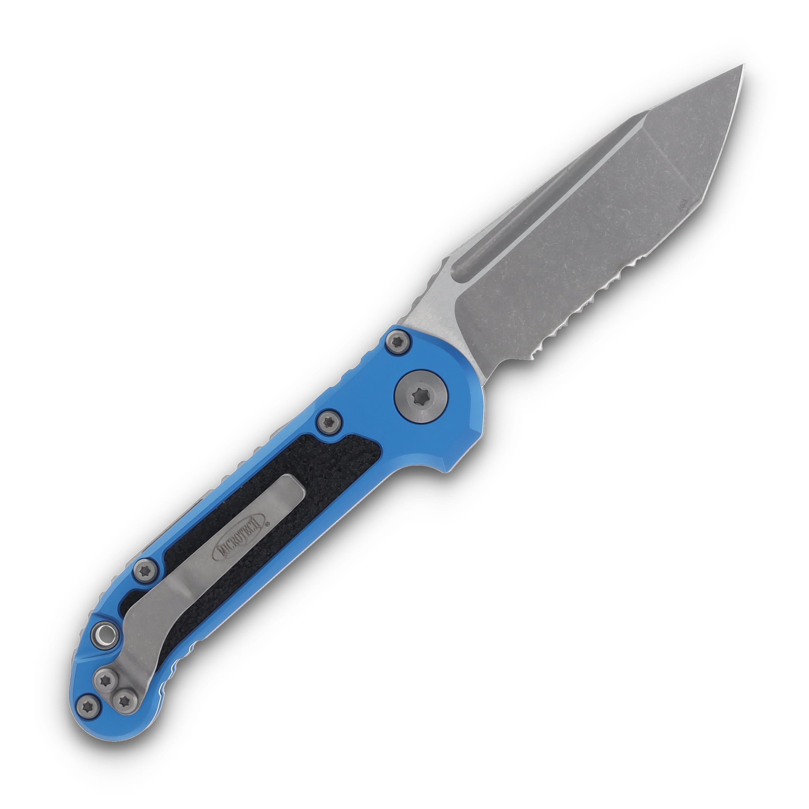 Microtech LUDT Gen III AUTO Blue Folding Knife 3.5in Apocalyptic Tanto Part Serr AUMT113611APBL View 2