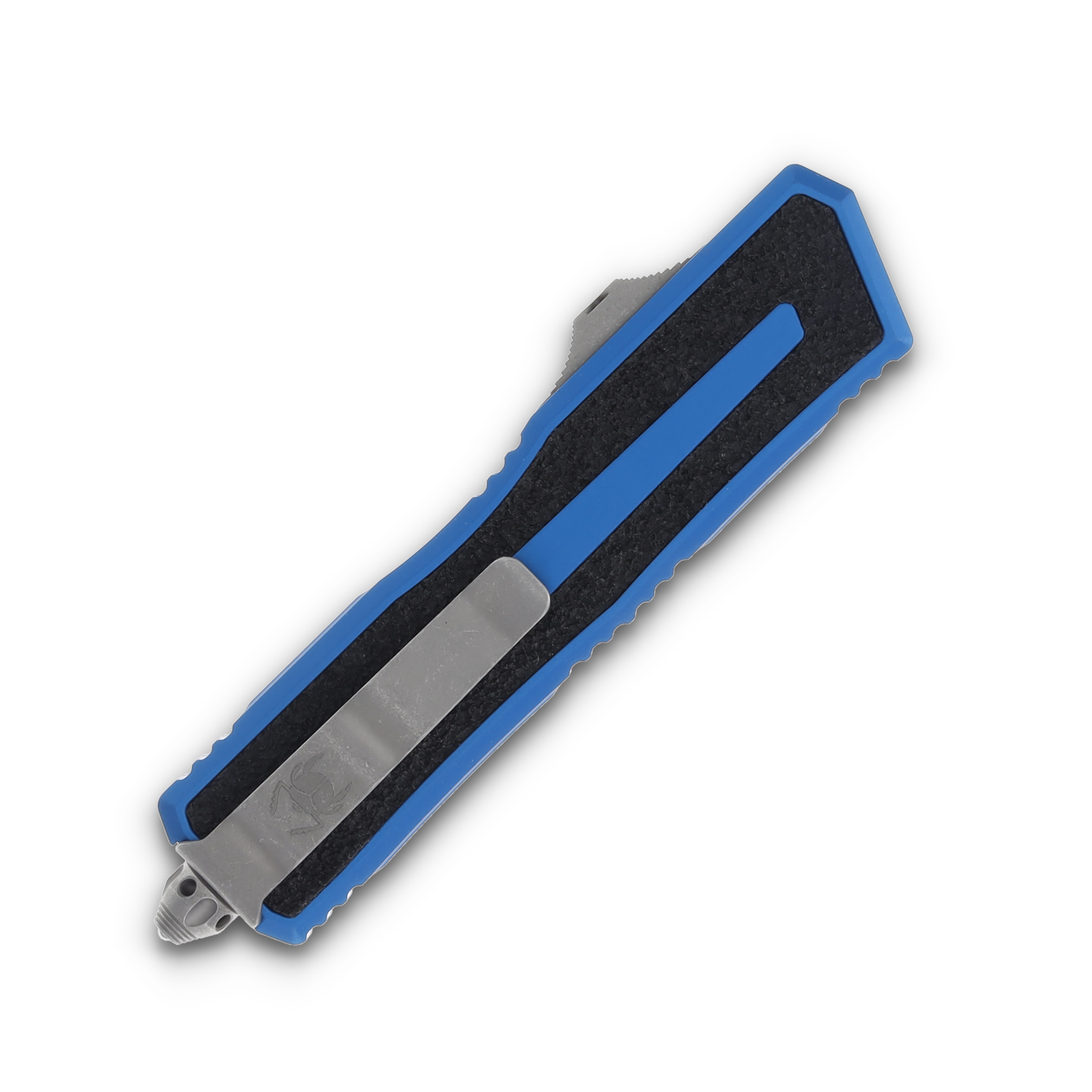 Microtech Scarab 2 Gen 3 OTF Auto Blue Alum 3.88” Apocalyptic Spr Pt Serr Top Edge AUMT128012APBL View 4