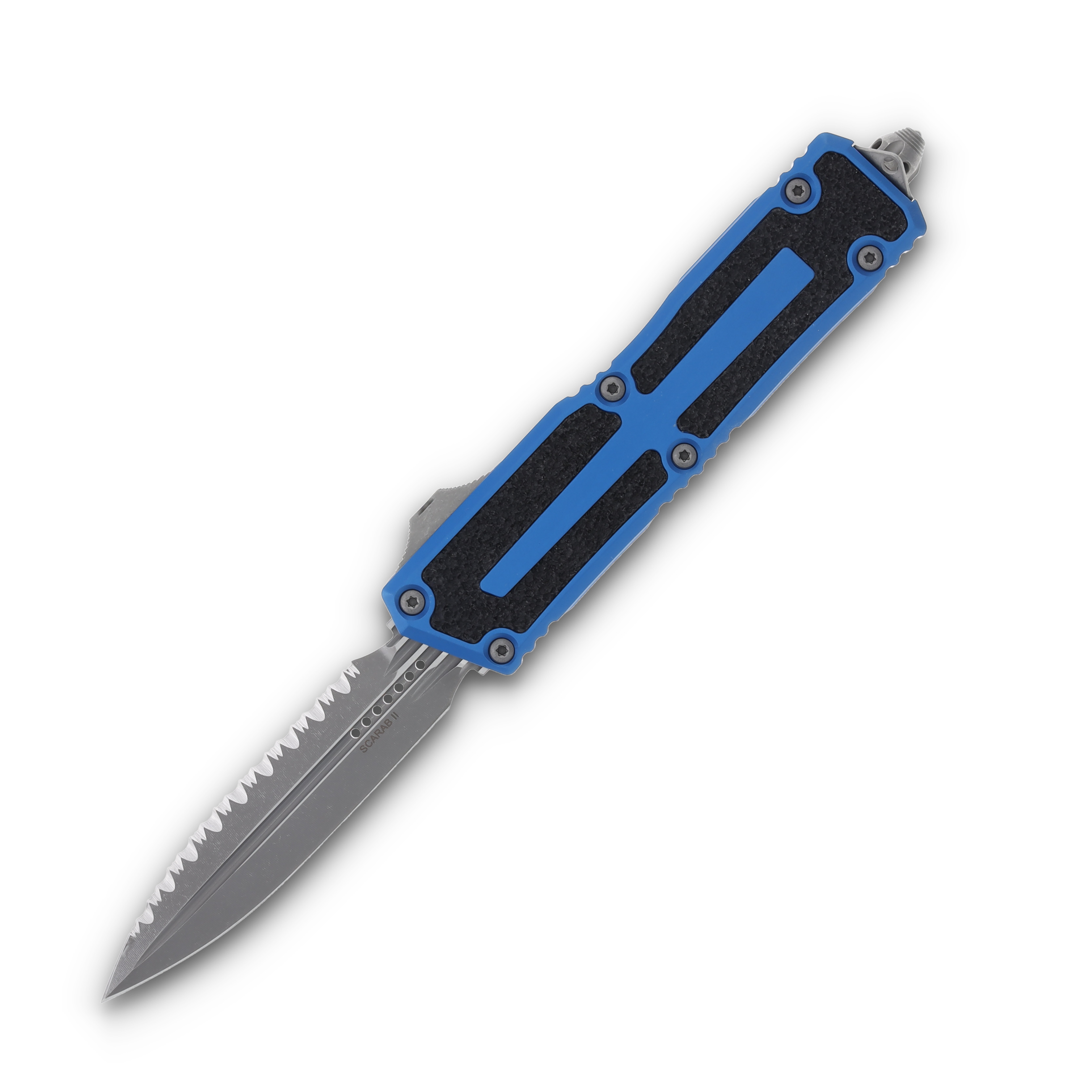 Microtech Scarab 2 Gen 3 OTF Auto Blue Alum 3.88” Apocalyptic Spr Pt Serr Top Edge AUMT128012APBL View 1