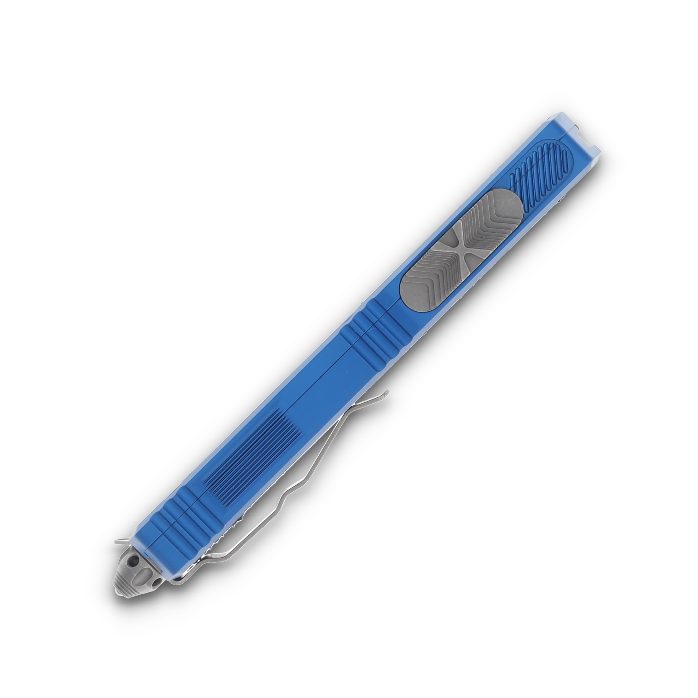 Microtech Scarab 2 Gen 3 OTF Auto Blue Alum 3.88” Apocalyptic Spr Pt Serr Top Edge AUMT128012APBL View 5