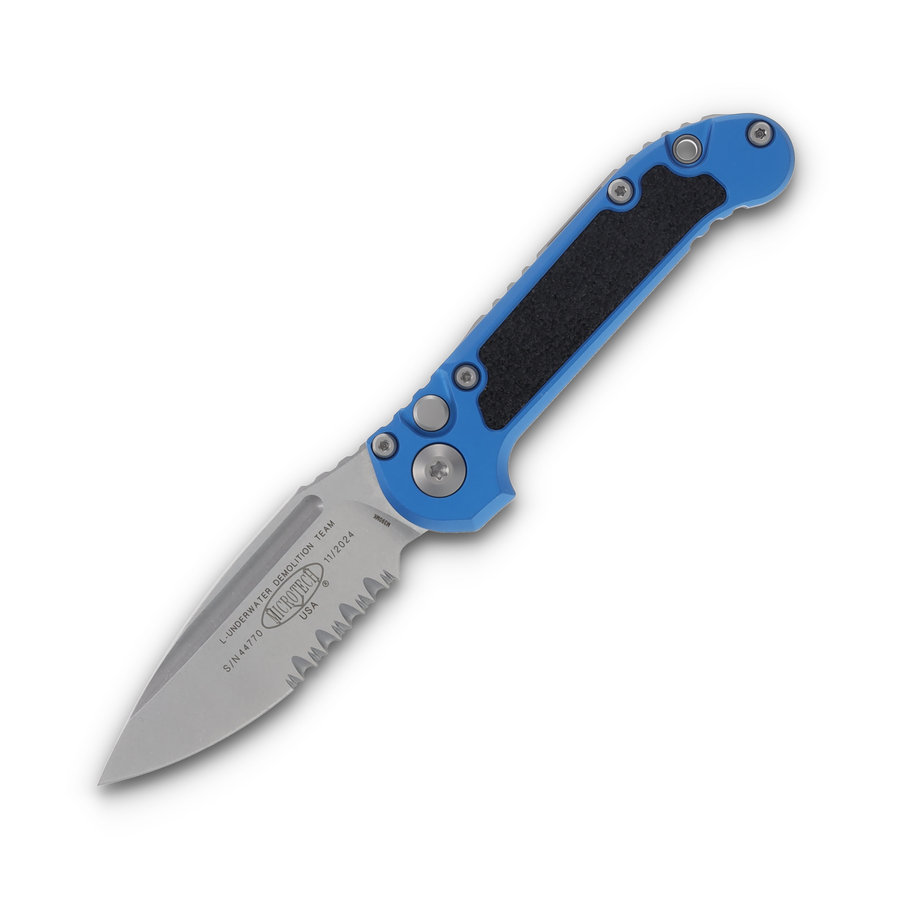 Microtech LUDT Gen III AUTO Blue Folding Knife 3.5in Stonewash Drop Point Part Serr AUMT113511BL View 1