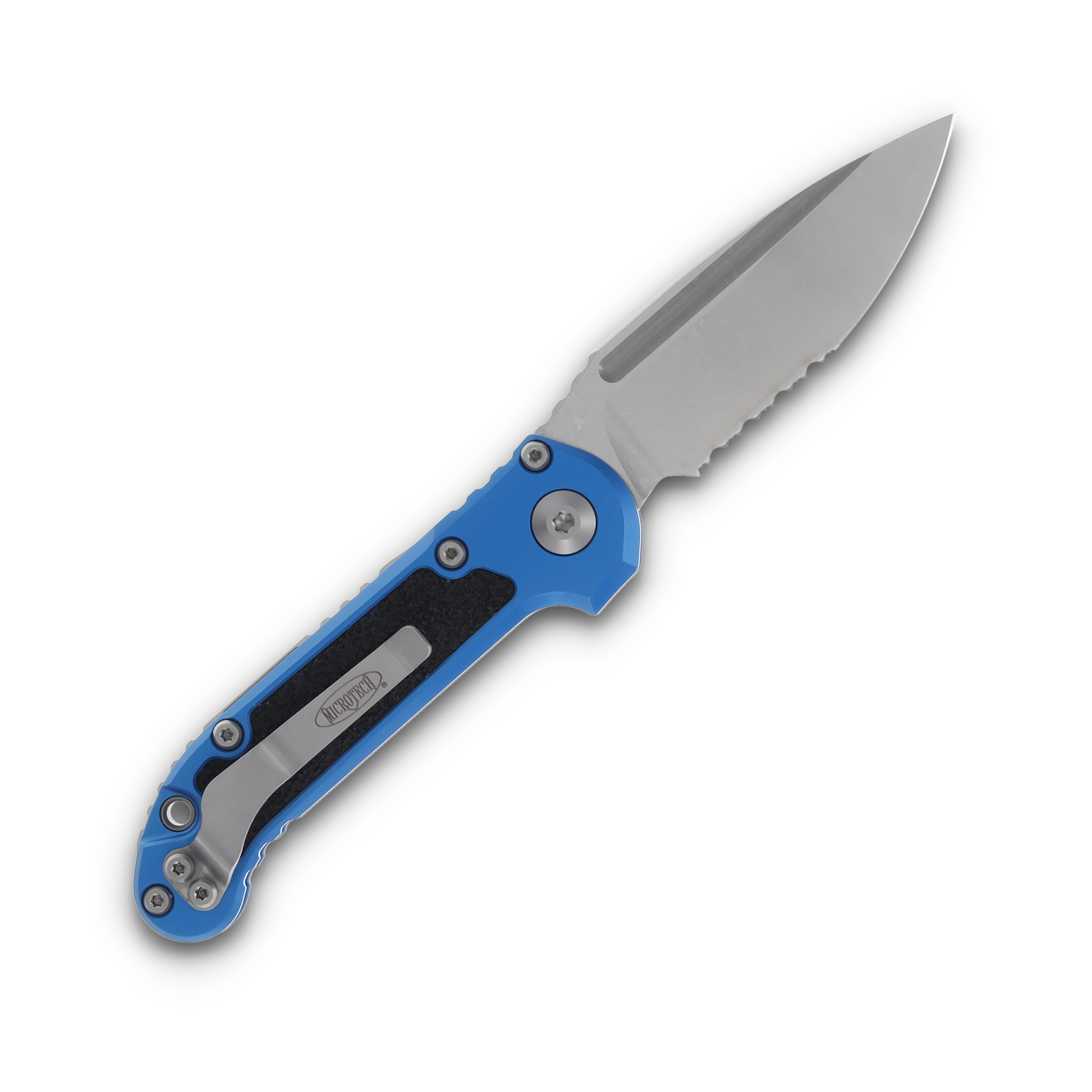 Microtech LUDT Gen III AUTO Blue Folding Knife 3.5in Stonewash Drop Point Part Serr AUMT113511BL View 2
