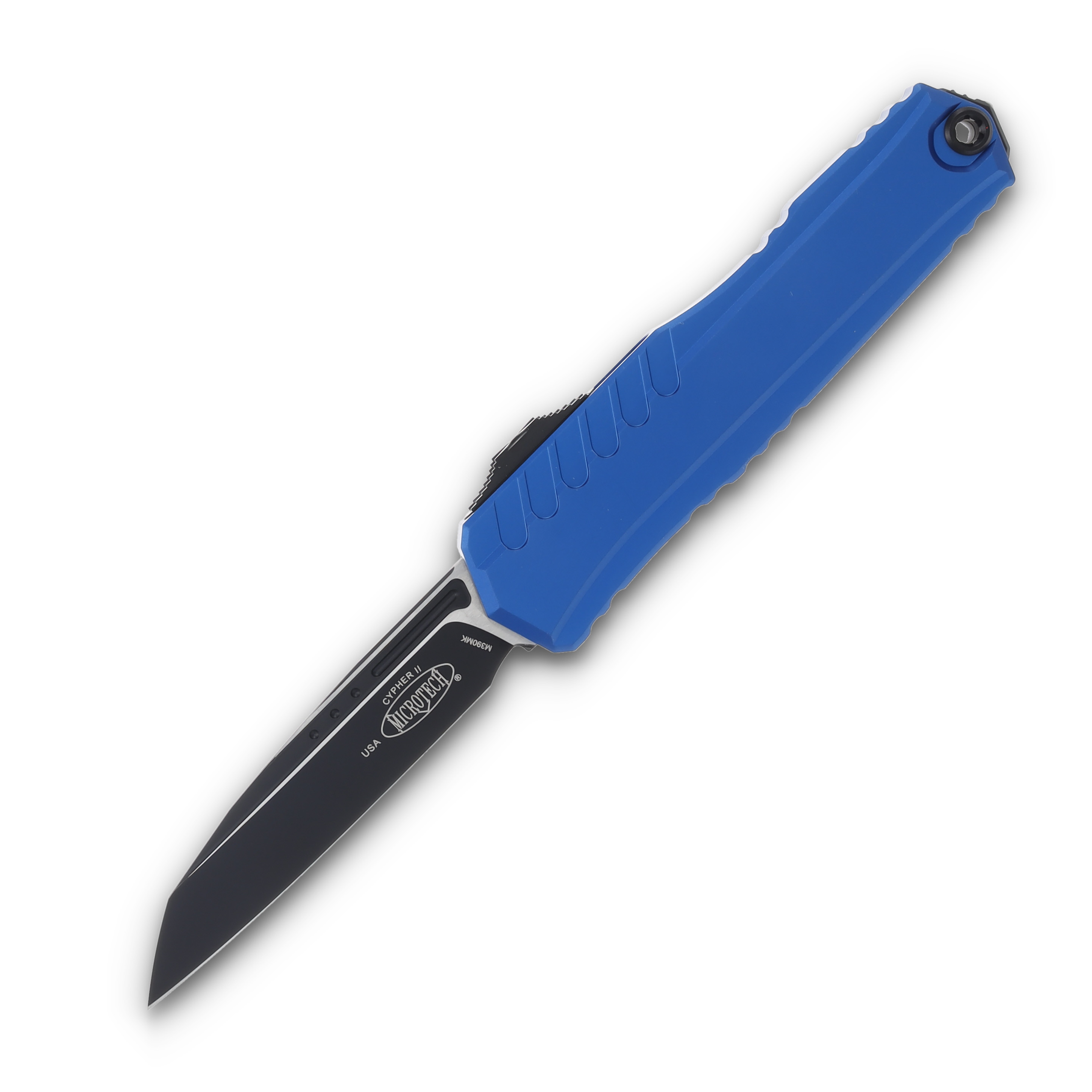 Microtech Cypher II Blue Aluminum OTF Auto 3.5in Black Wharncliffe Blade AUMT12411BL View 1