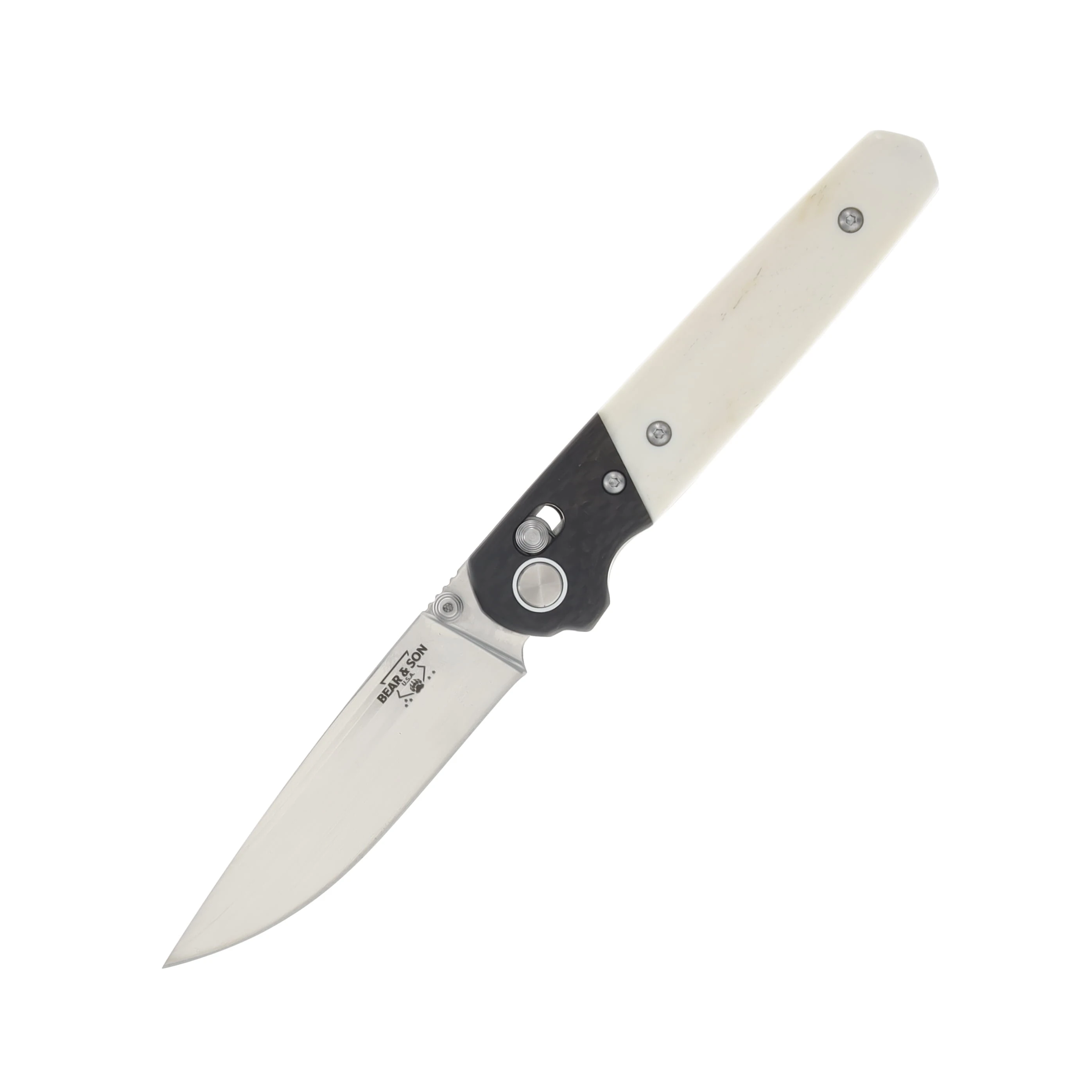 Bear & Son Lawman White – Black 3.25 Inch Plain Satin Drop Point BRWSB22 View 1