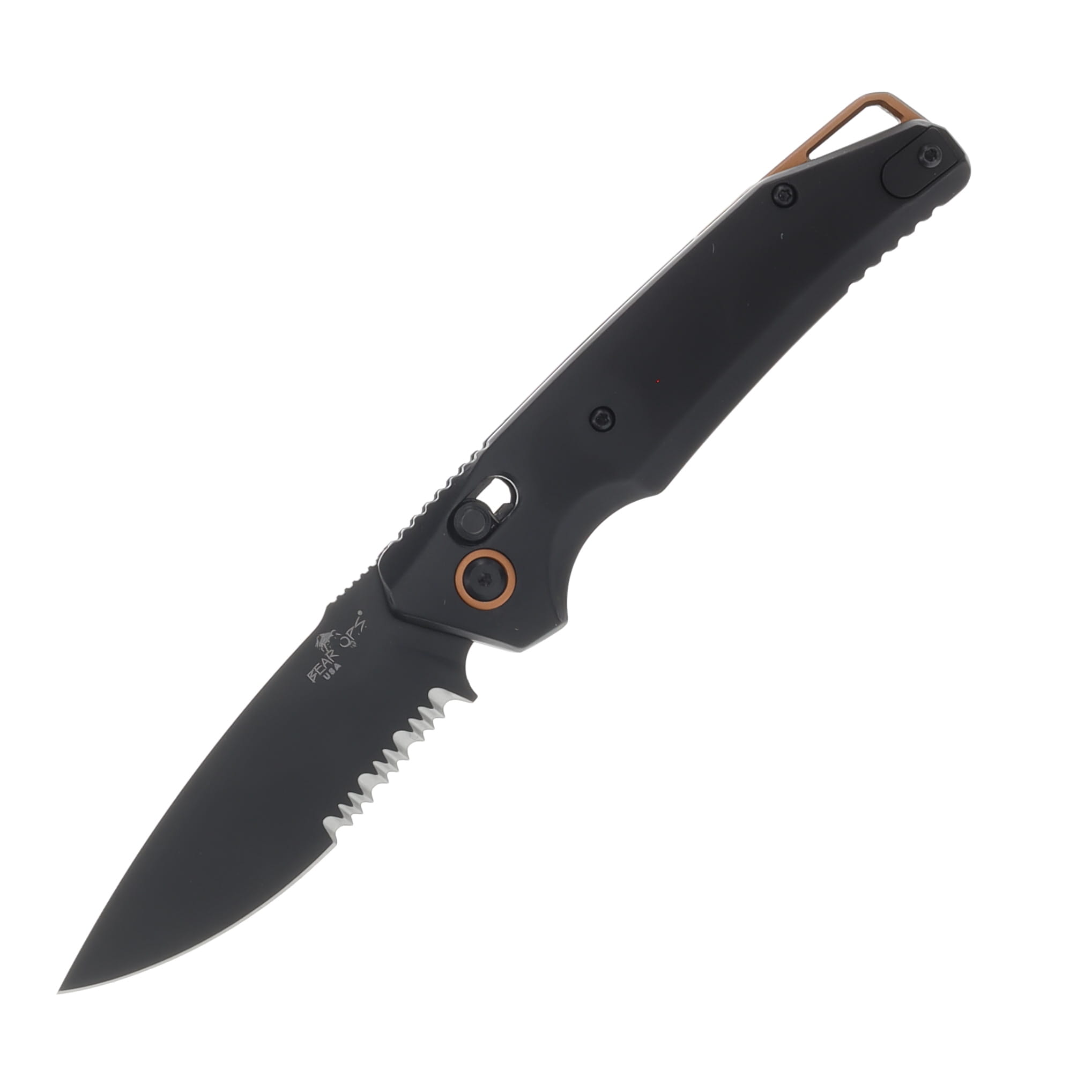 Bear & Son Auto Bear Ops KATAKTW II Black & Copper Aluminum M390 DLC Black Partial Serrated Blade AC-2100-ALBK-BSR View 1