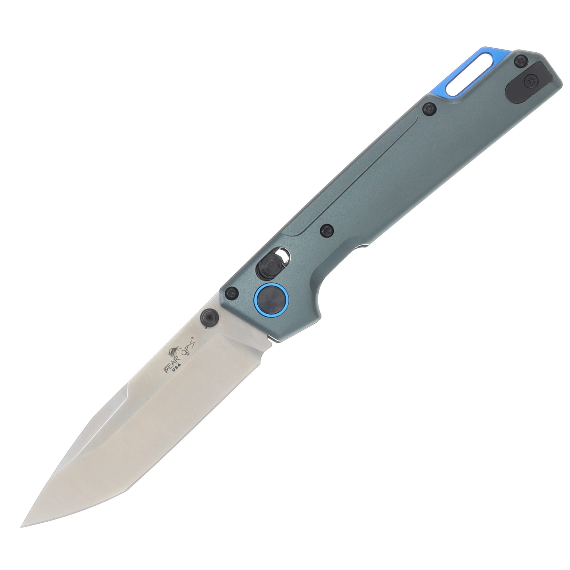 Bear & Son Bear Ops Nekama I Gray & Blue Aluminum Handle 14C28N Satin Modified Tanto Blade MC-1000-ALGY-S View 1