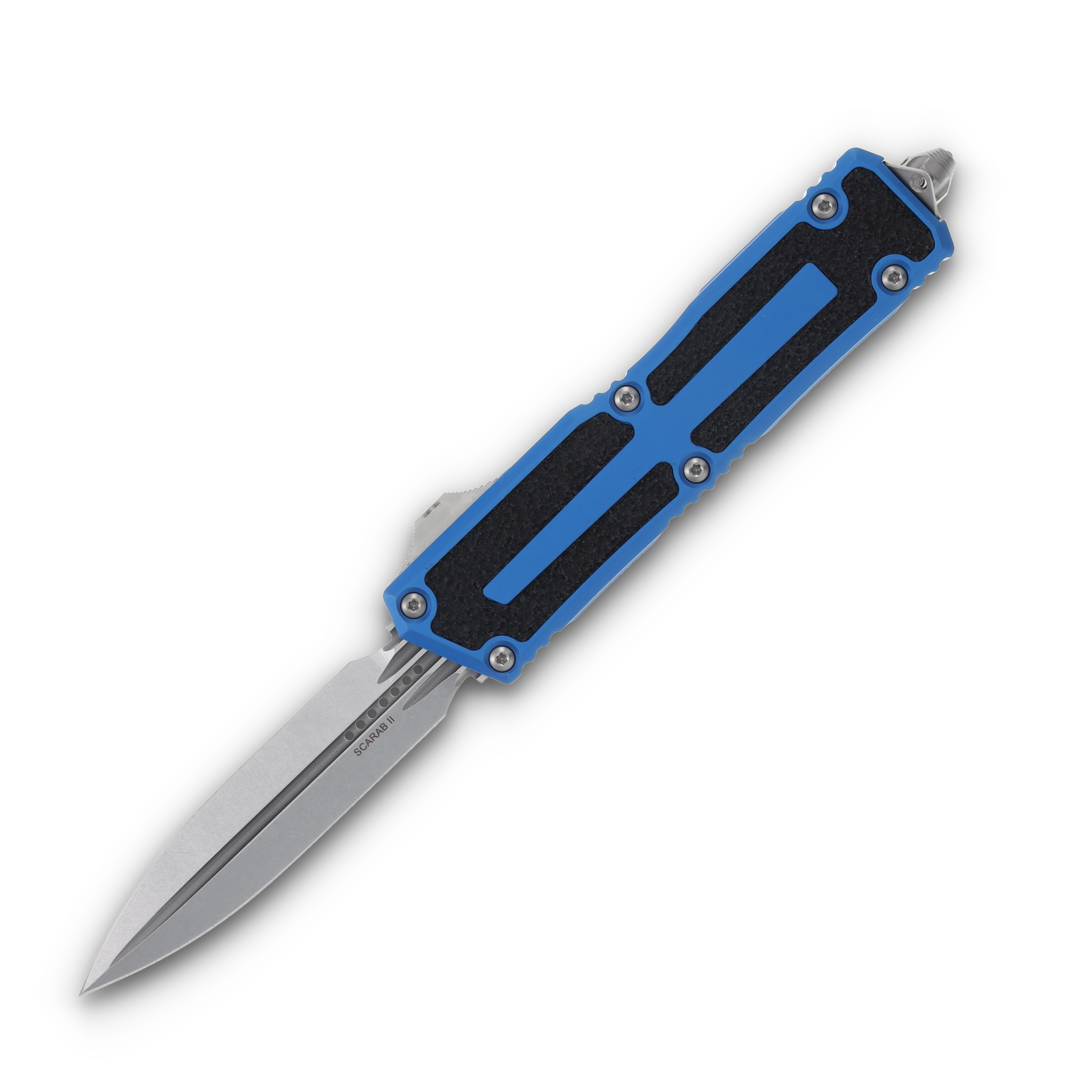 Microtech Scarab II Gen III D/E Auto OTF Knife Blue 3.88in Stonewash Dagger AUMT128010BL View 1