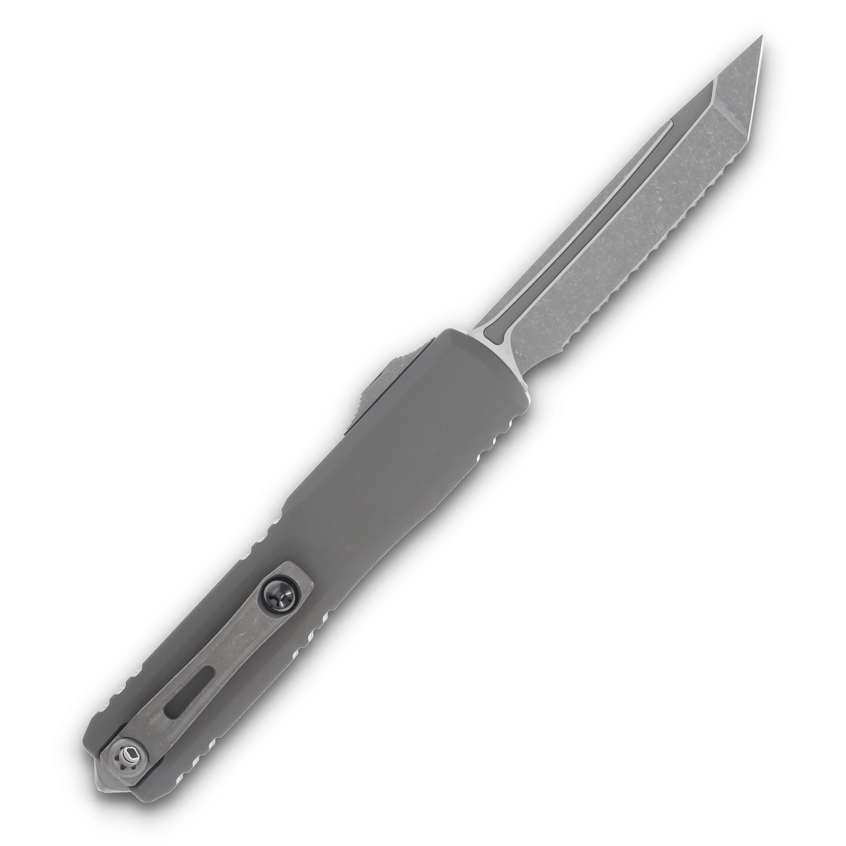 Microtech Ultratech GEN III ZBP OTF Auto Natural Clear 3.55in Serrated Apocalyptic Tanto Blade AUMT112312APNC View 2