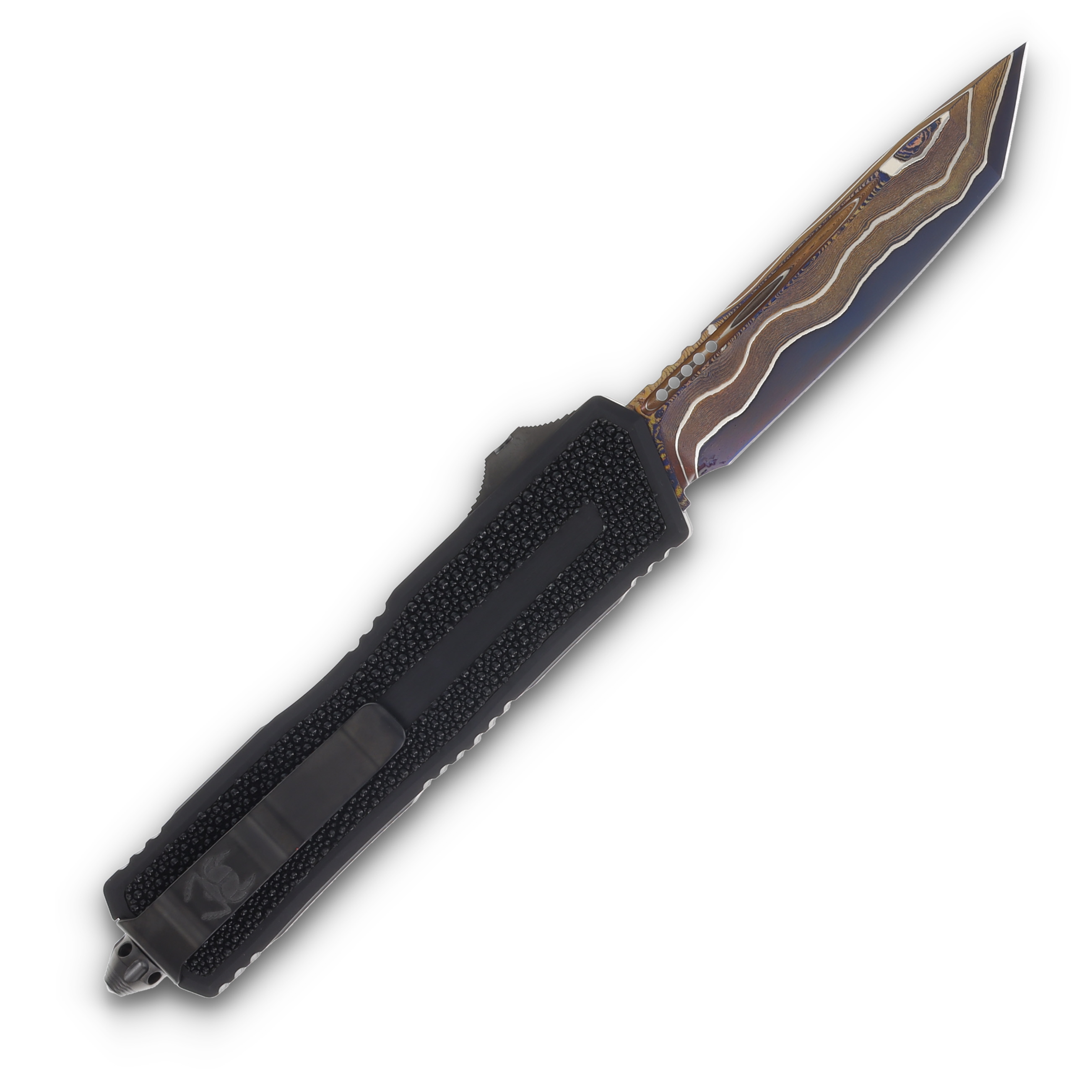 Microtech Scarab II Gen III - T/E Blued Baker Forge Coppermai Damascus Hefted Alloy w/ Stingray Inlay DLC Hard Cut Stainless AUMT127916MS1 View 2