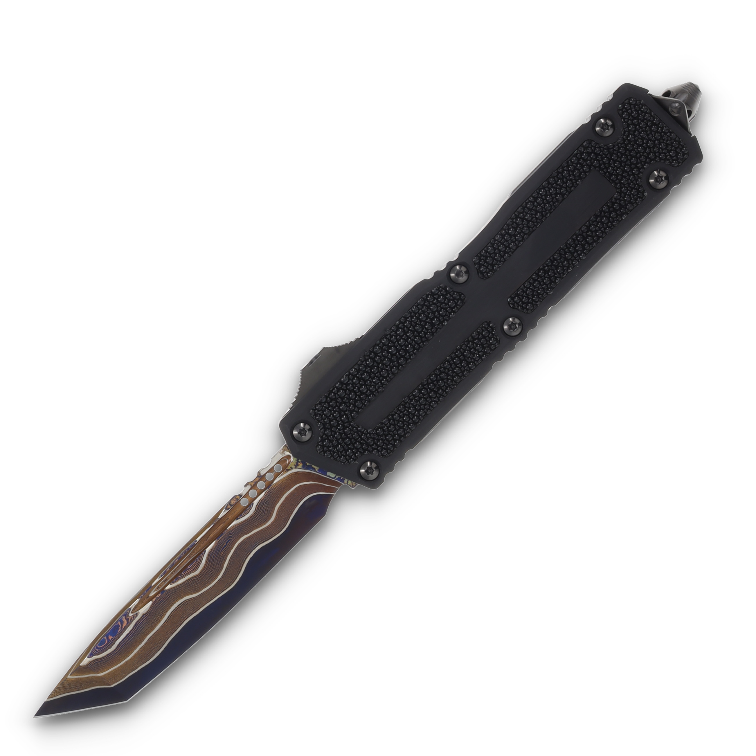 Microtech Scarab II Gen III - T/E Blued Baker Forge Coppermai Damascus Hefted Alloy w/ Stingray Inlay DLC Hard Cut Stainless AUMT127916MS1 View 1