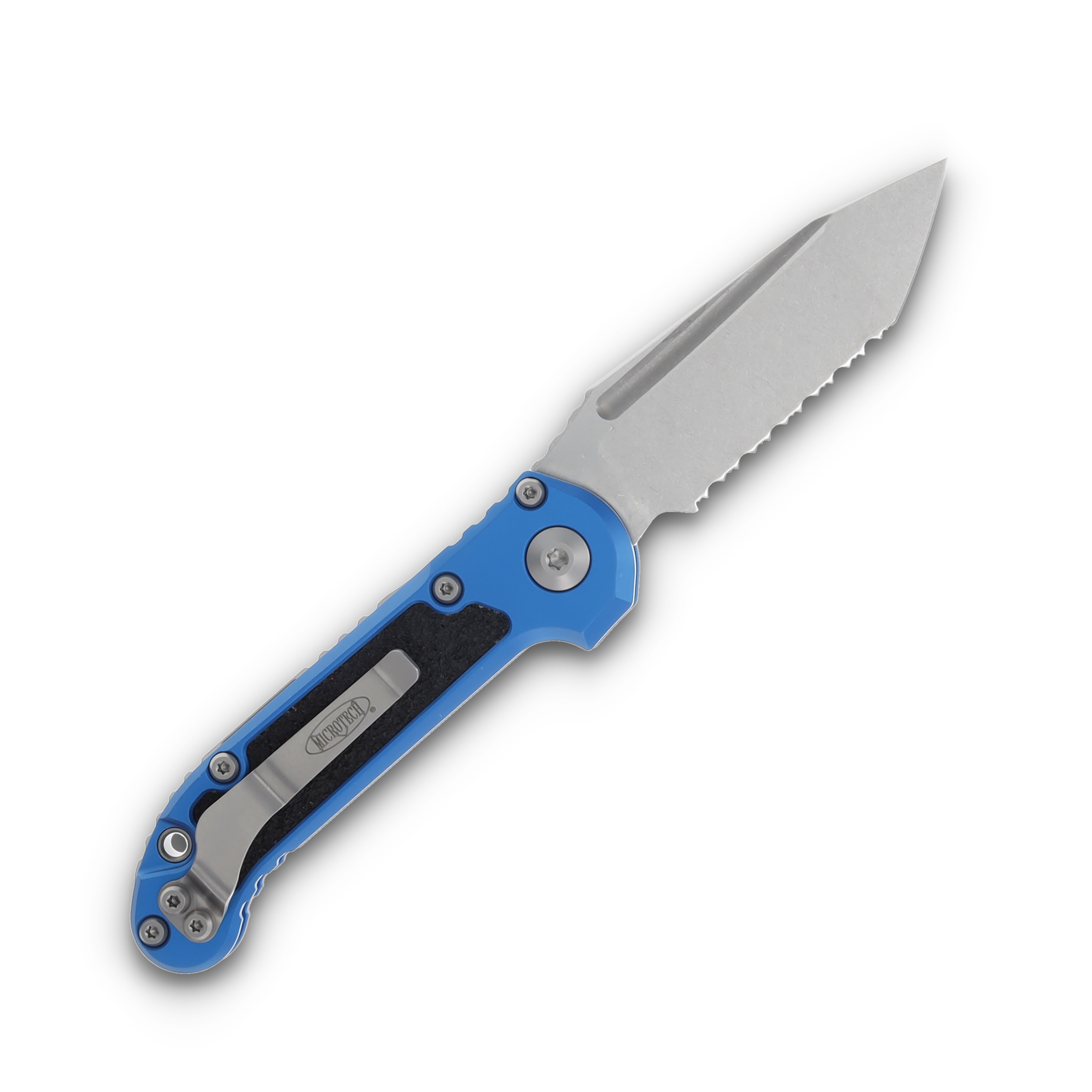 Microtech LUDT Gen III Blue Auto Knife 3.5in Serrated Stonewash Tanto Blade AUMT113612BL View 2