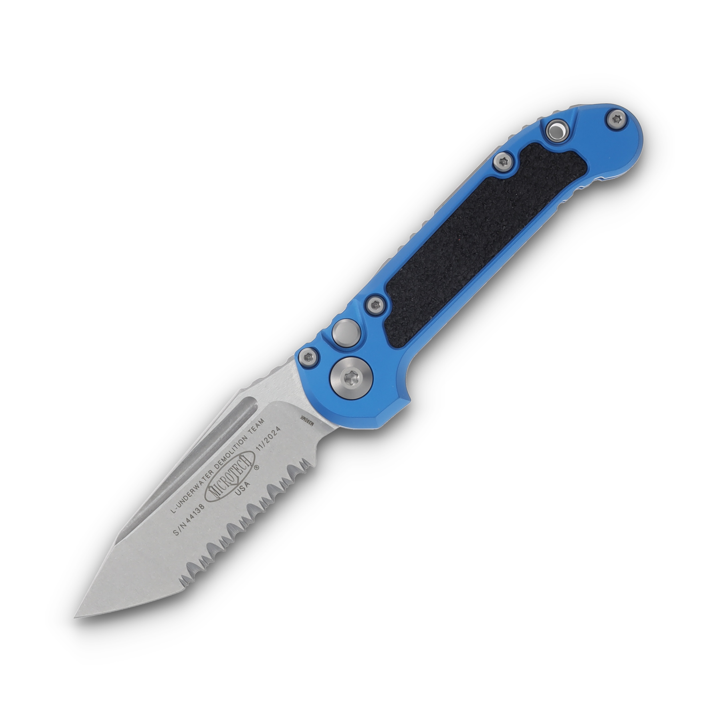 Microtech LUDT Gen III Blue Auto Knife 3.5in Serrated Stonewash Tanto Blade AUMT113612BL View 1
