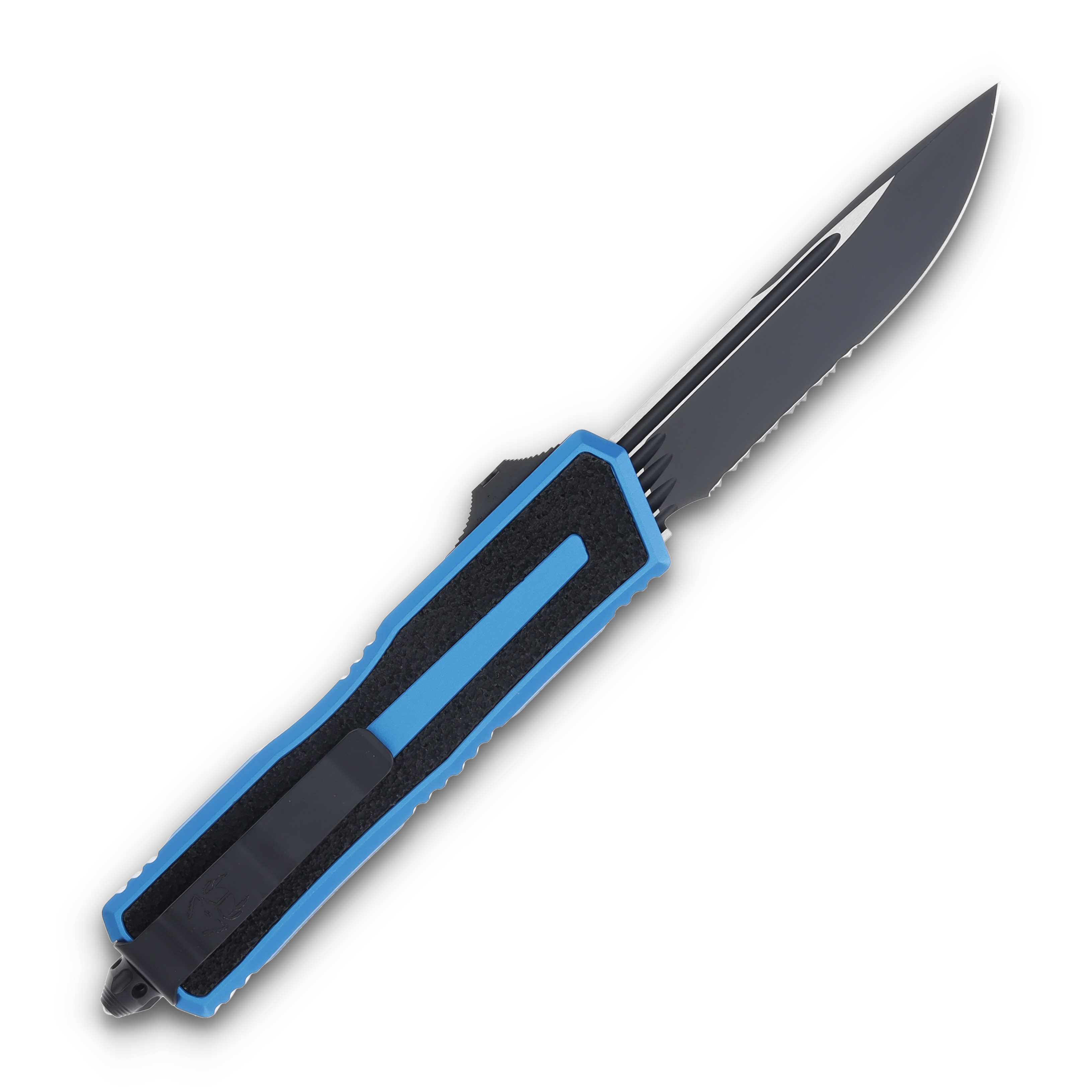 Microtech Scarab II Gen III OTF Blue 3.88in Partial Serrated Black Drop Point AUMT12782BL View 2