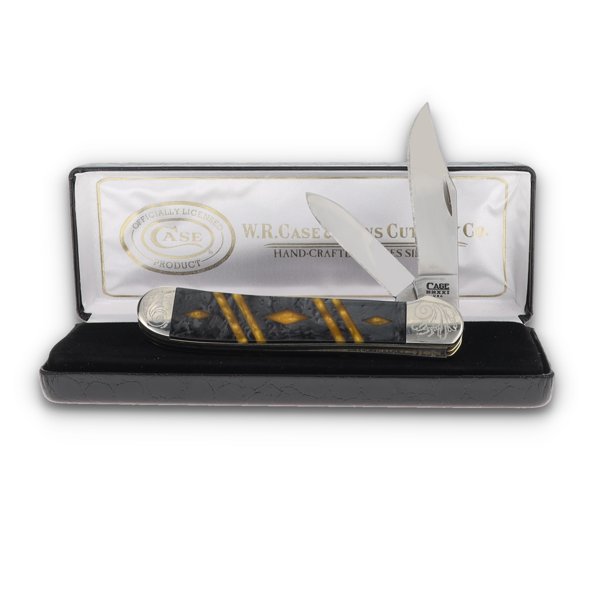 Case XX Diamond Series Black and Gold Corelon Two-Blade Copperhead Engraved Bolsters CA9249BKPGD View 3