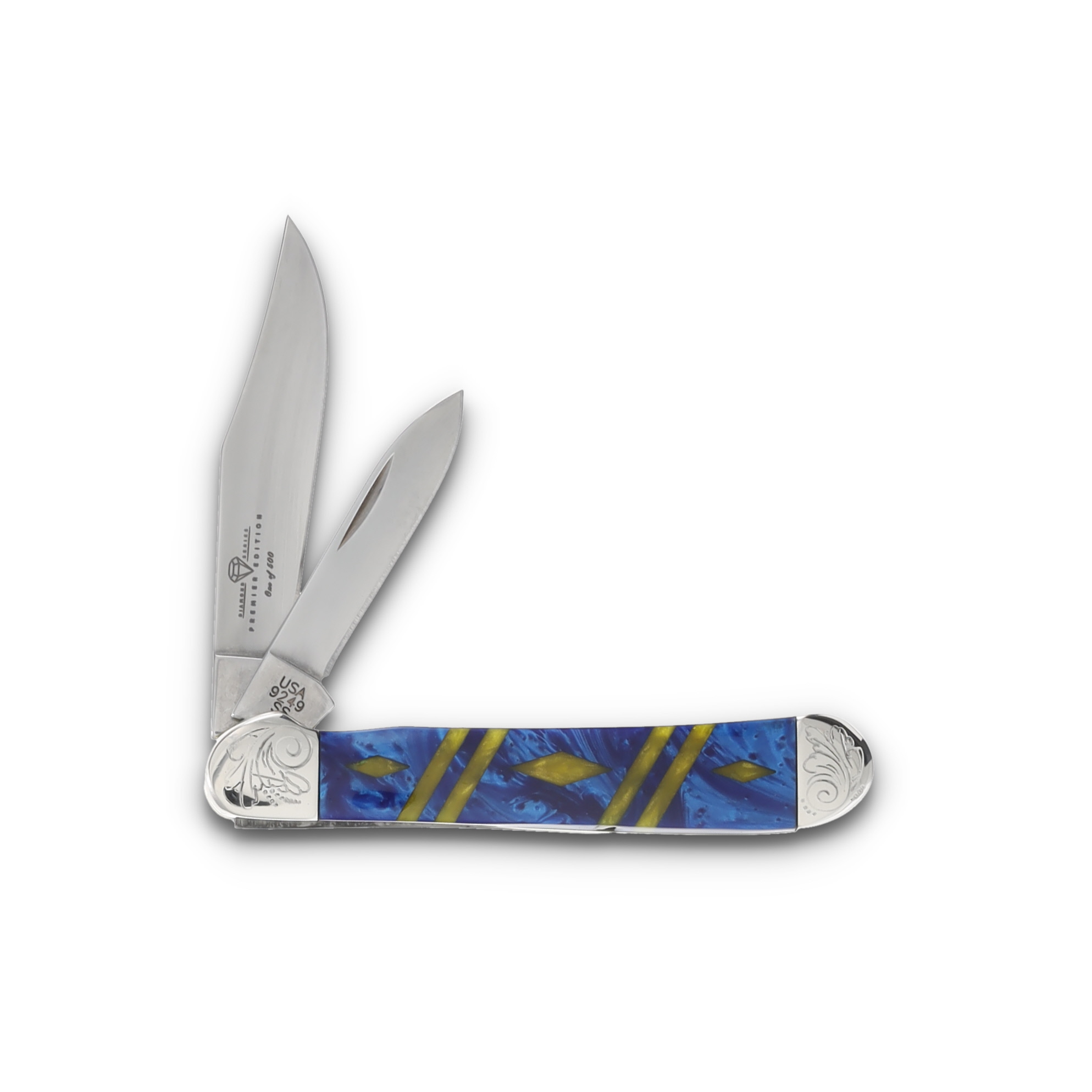 Case 2 Blade Copperhead Engraved Bolster Trapper Blue/Gold CA9249BLGDDE View 5