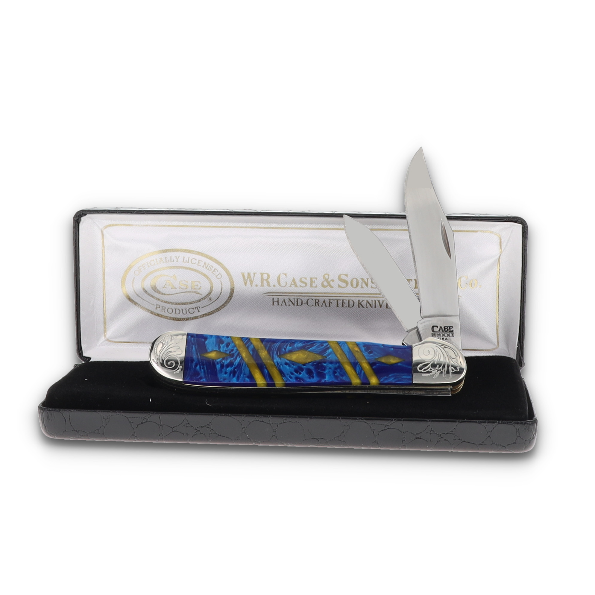 Case 2 Blade Copperhead Engraved Bolster Trapper Blue/Gold CA9249BLGDDE View 7